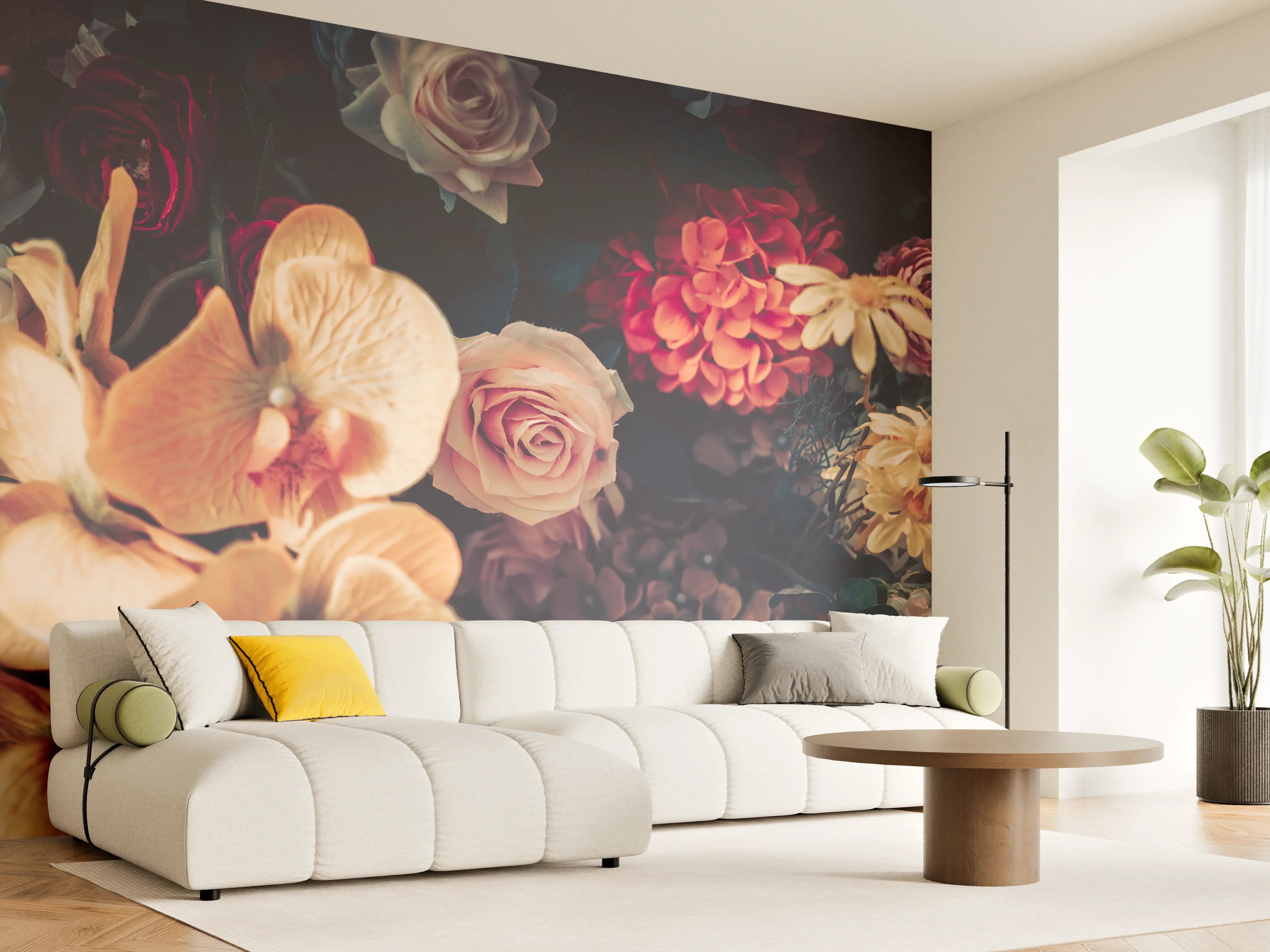 Wandverkleidung Wohnzimmer - Elegante Blumenpracht in warmen Tönen