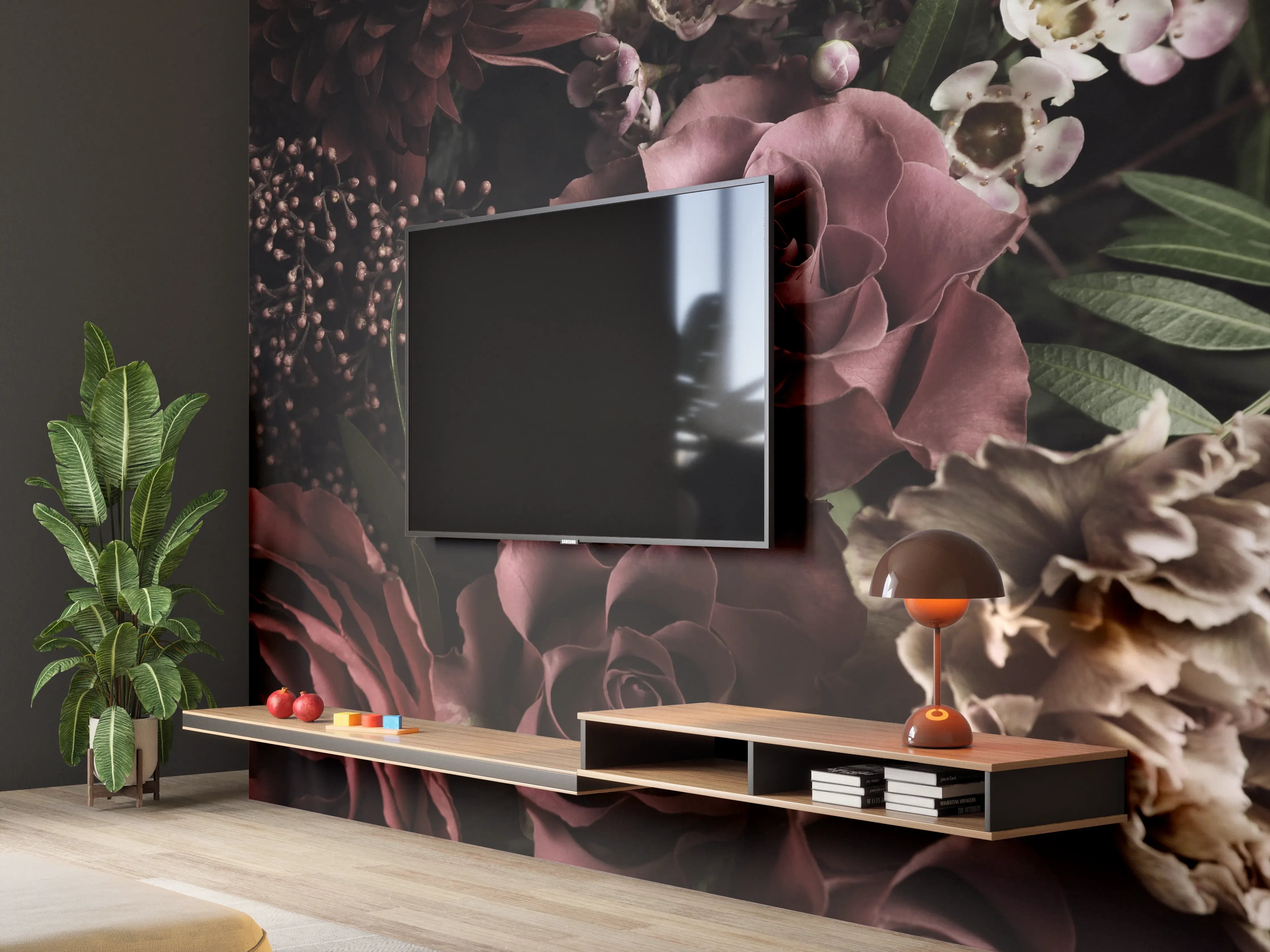 Wandverkleidung Wohnzimmer - Elegante Blumenvielfalt in dunkler Atmosphäre