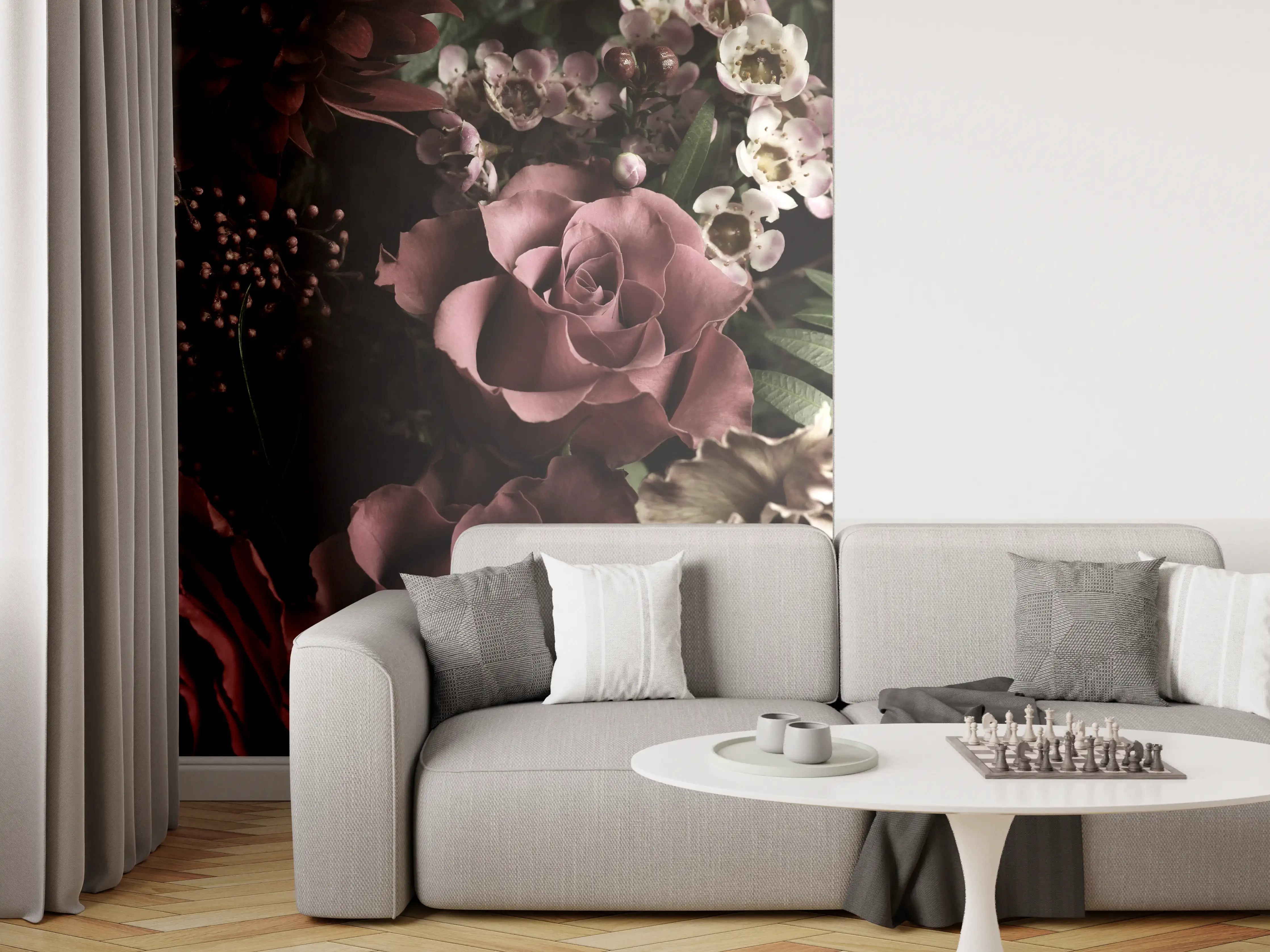 Wandverkleidung Wohnzimmer - Elegante Blumenvielfalt in dunkler Atmosphäre