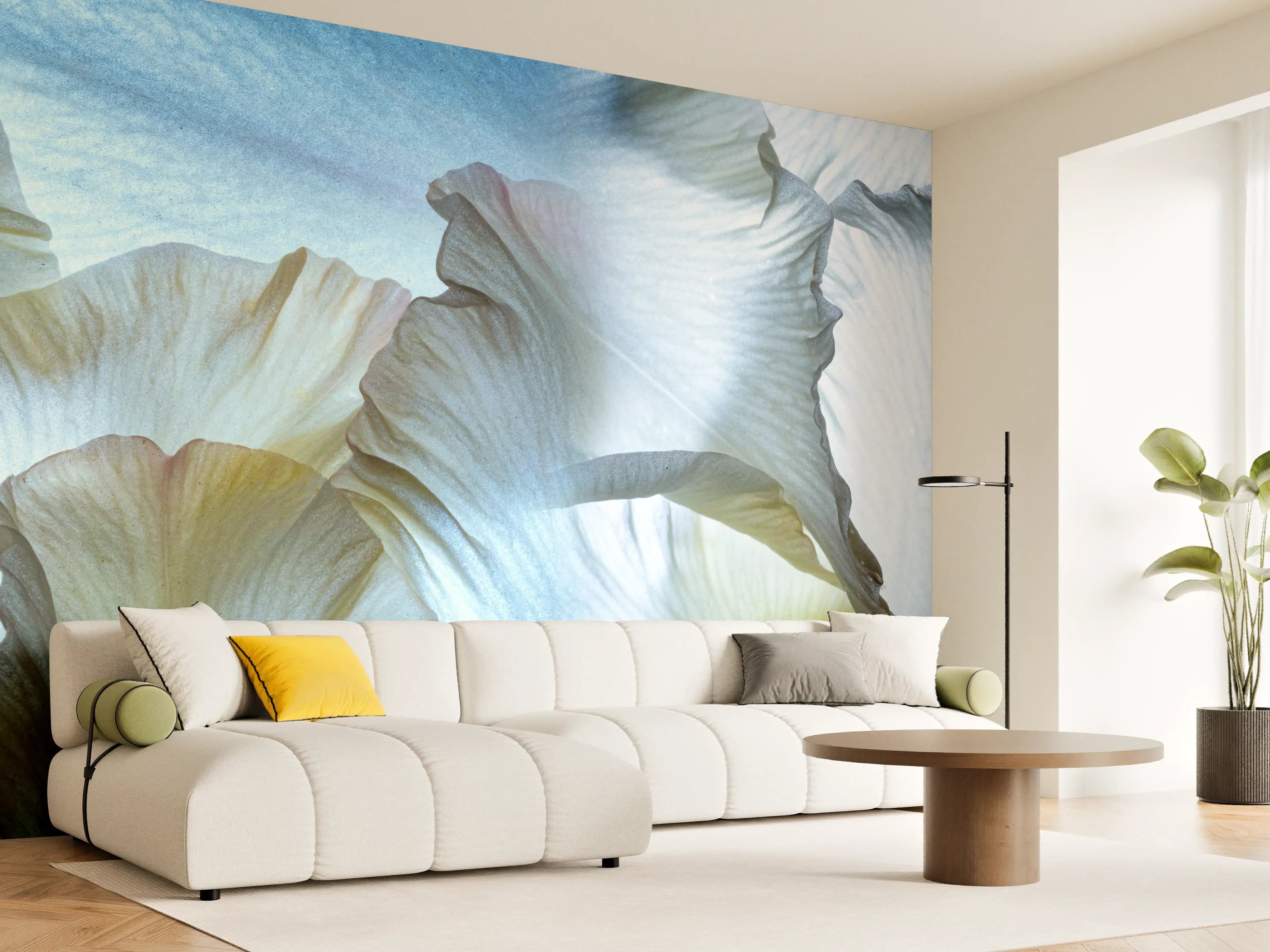 Wandverkleidung Wohnzimmer - Elegante Blumenwelten in sanften Tönen