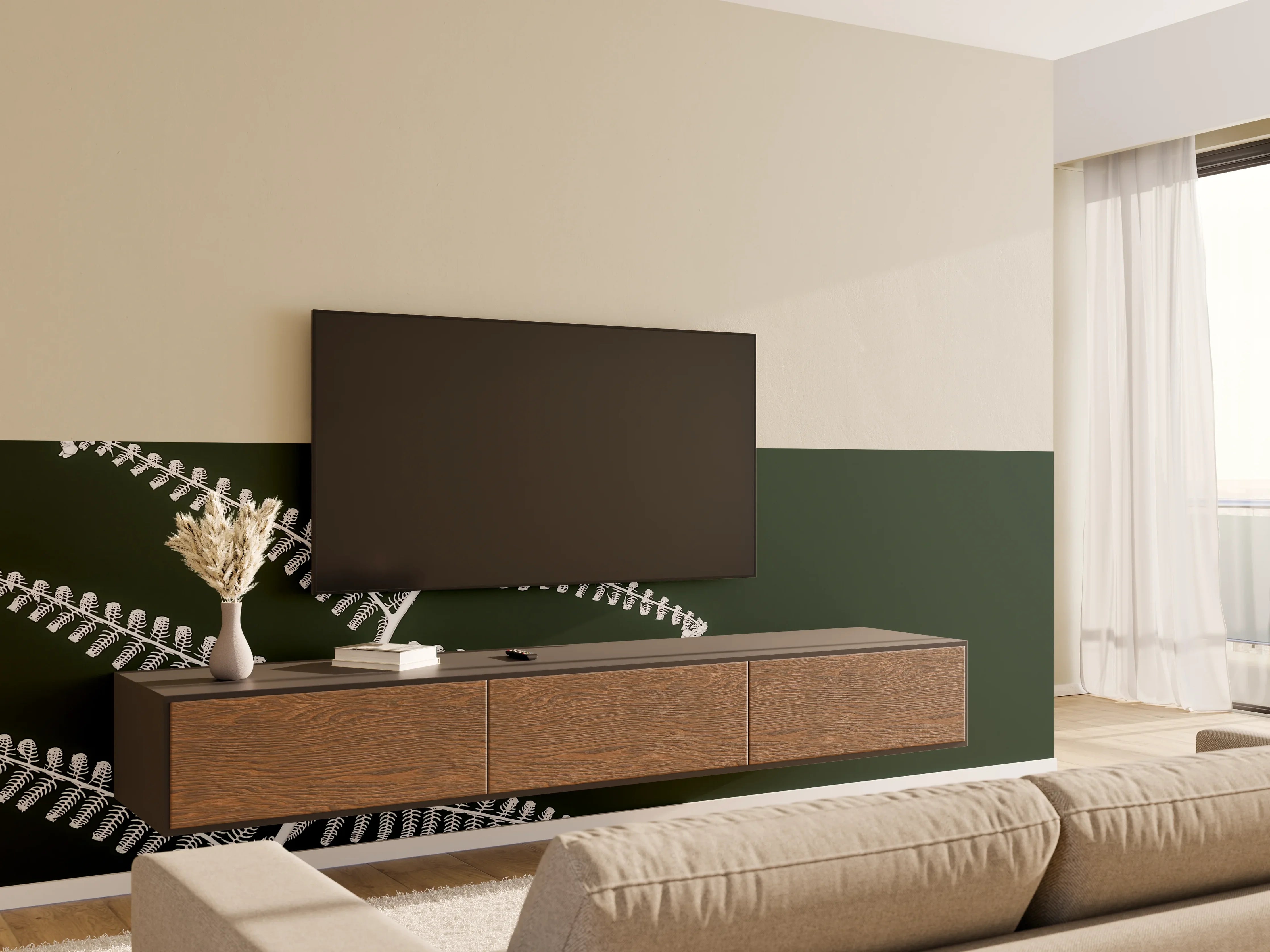 Wandverkleidung Wohnzimmer - Elegante Farnblätter vor grünem Hintergrund