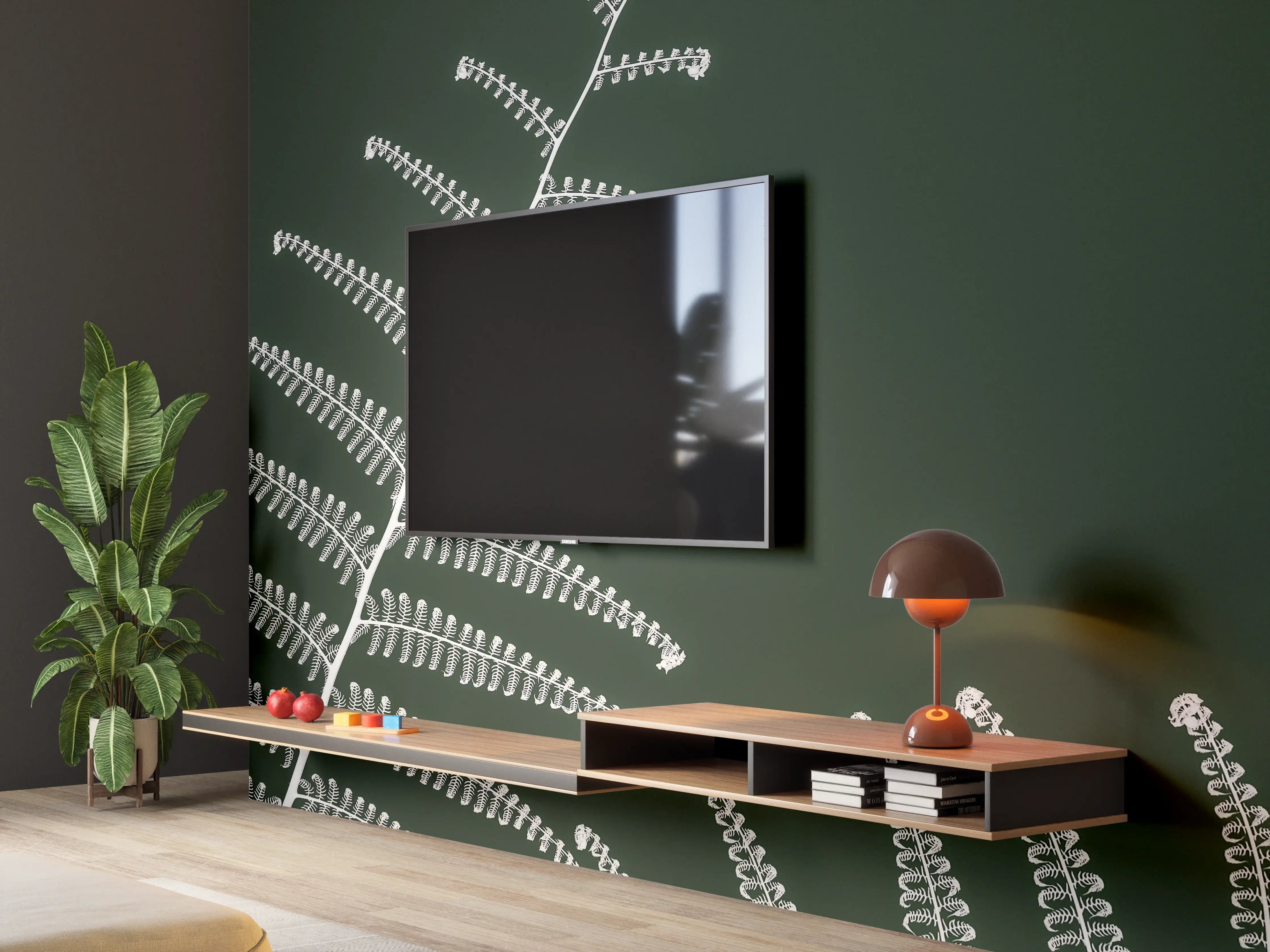Wandverkleidung Wohnzimmer - Elegante Farnblätter vor grünem Hintergrund