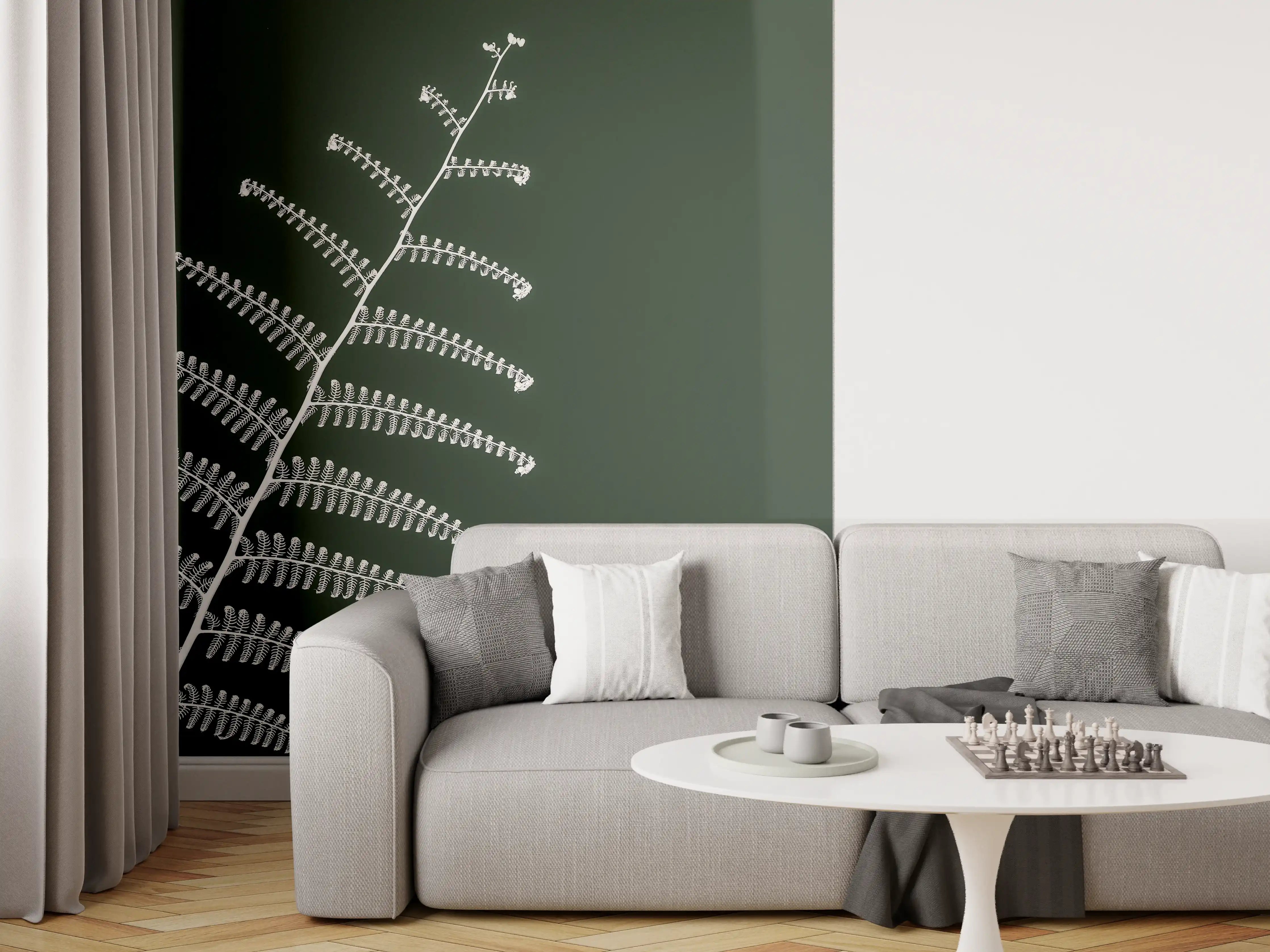 Wandverkleidung Wohnzimmer - Elegante Farnblätter vor grünem Hintergrund