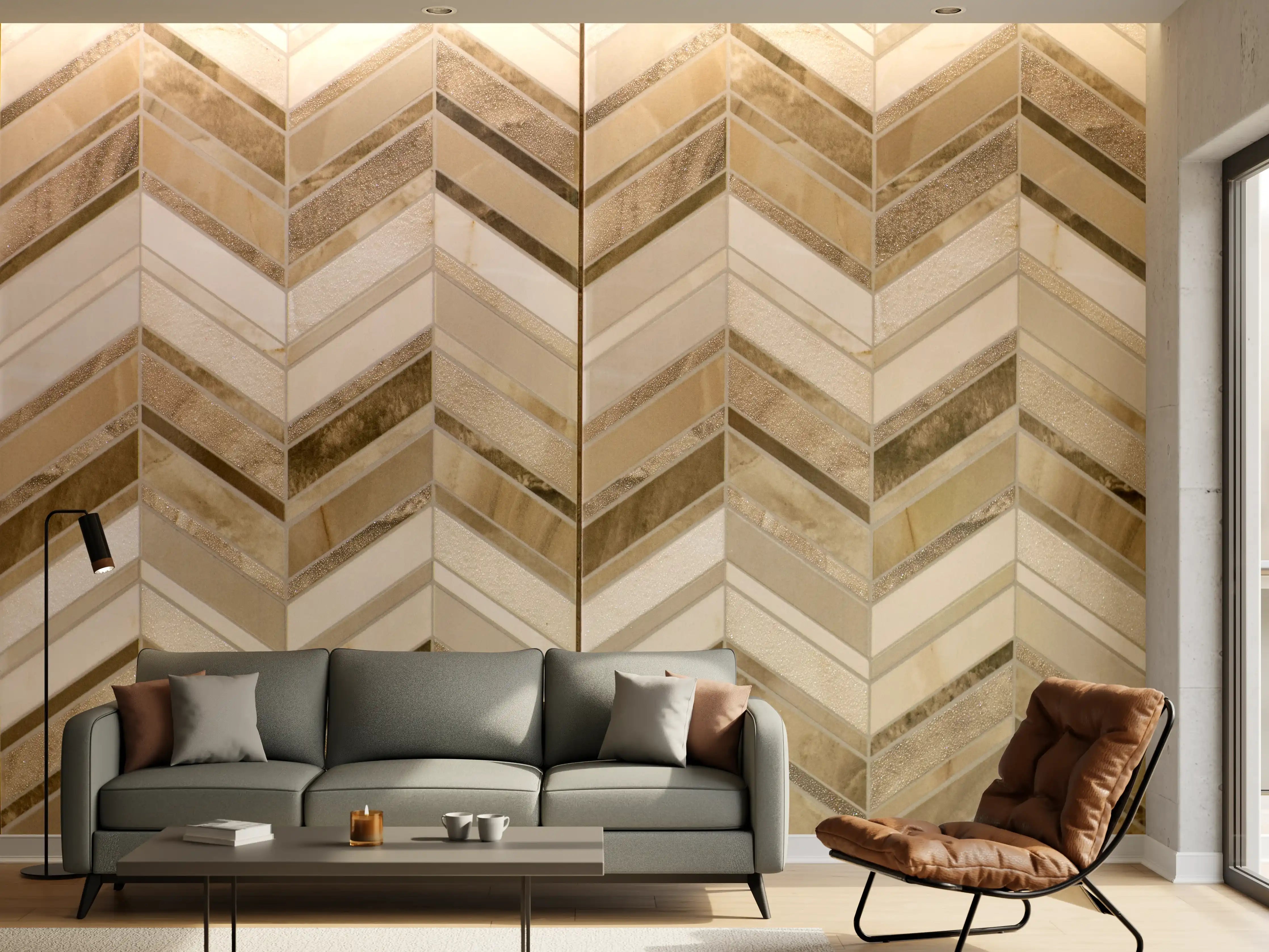 Wandverkleidung Wohnzimmer - Elegante Fliesen im naturbelassenen Look