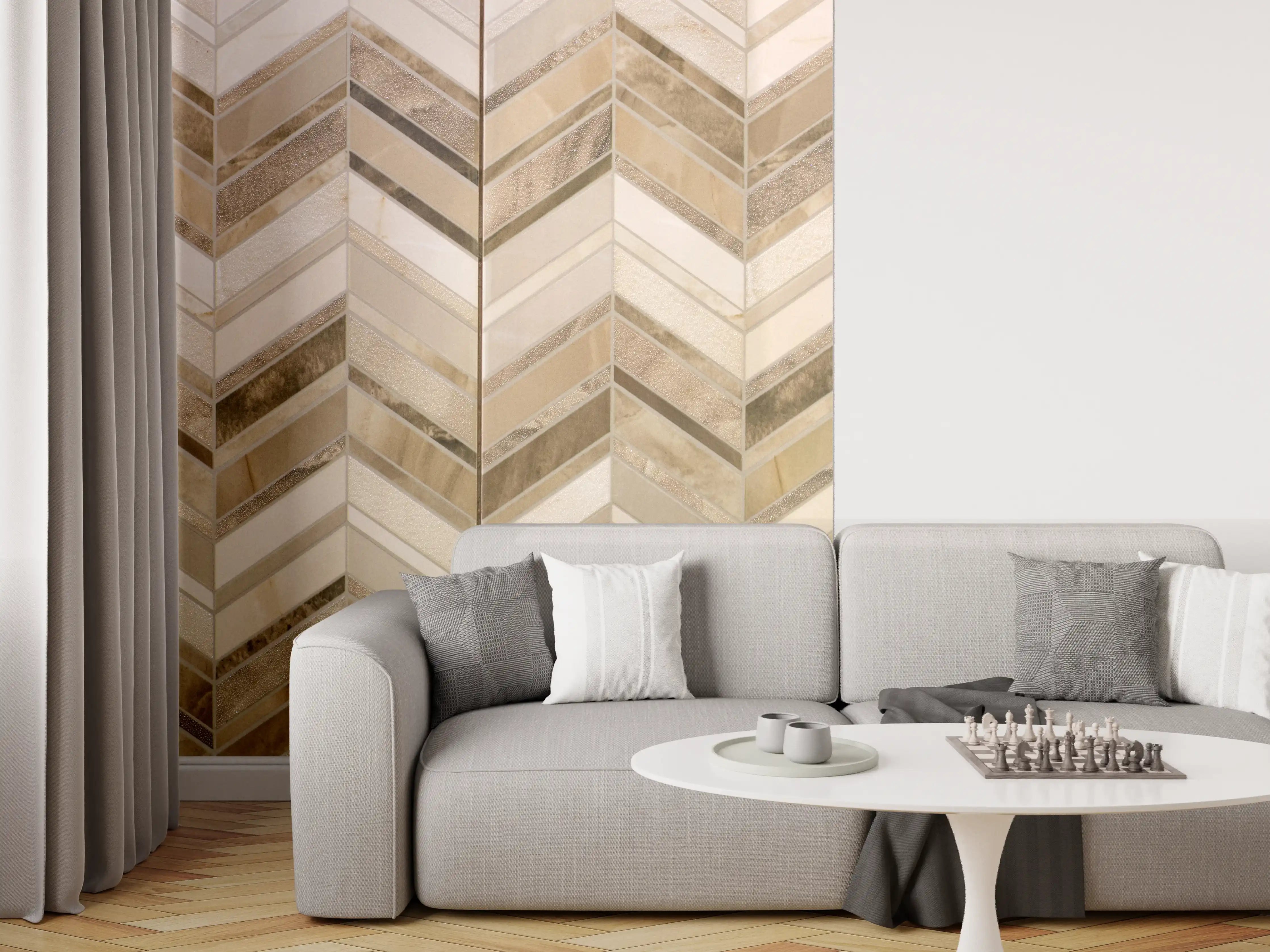 Wandverkleidung Wohnzimmer - Elegante Fliesen im naturbelassenen Look