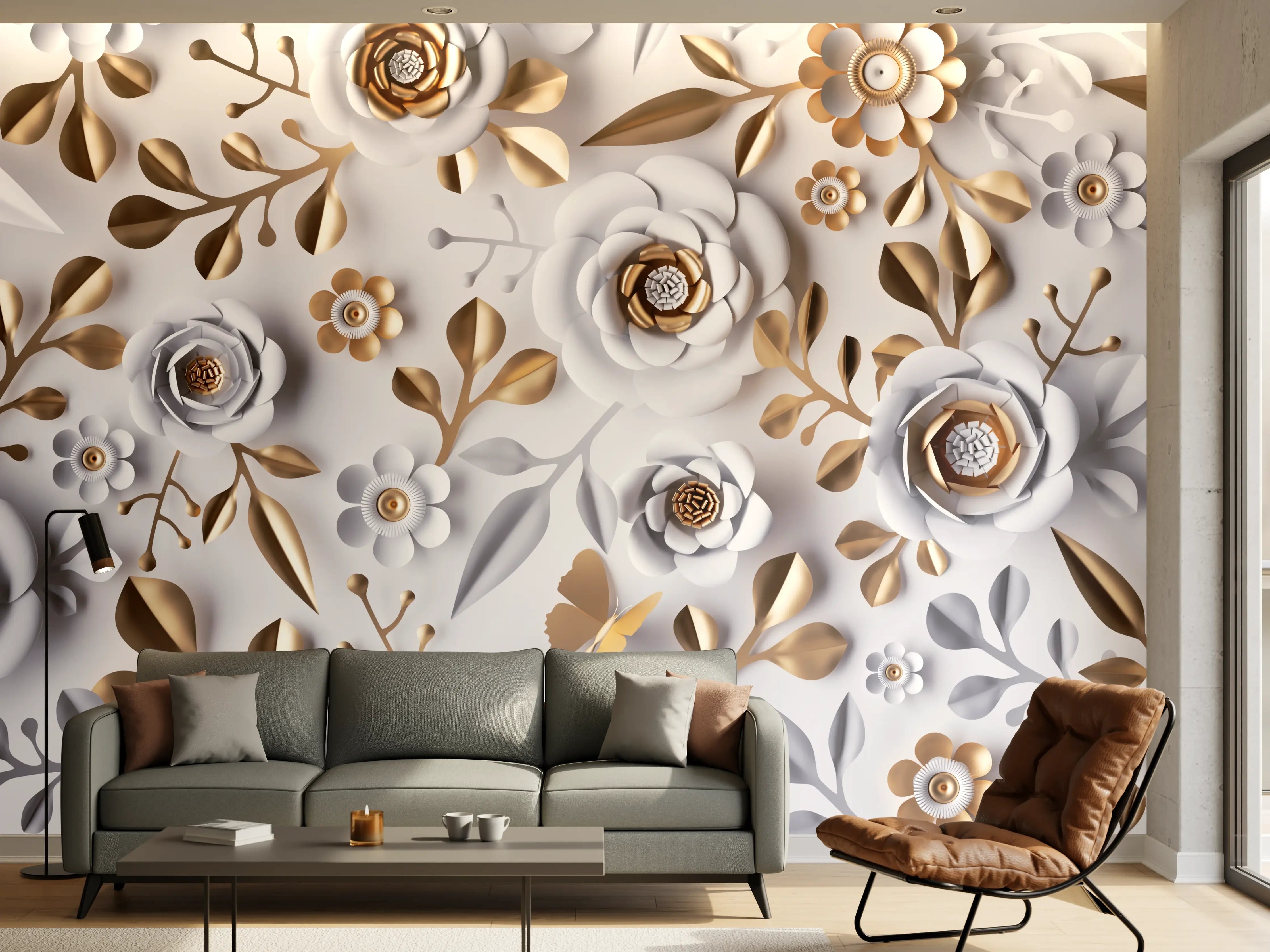 Wandverkleidung Wohnzimmer - Elegante Florale Muster in Gold und Weiß