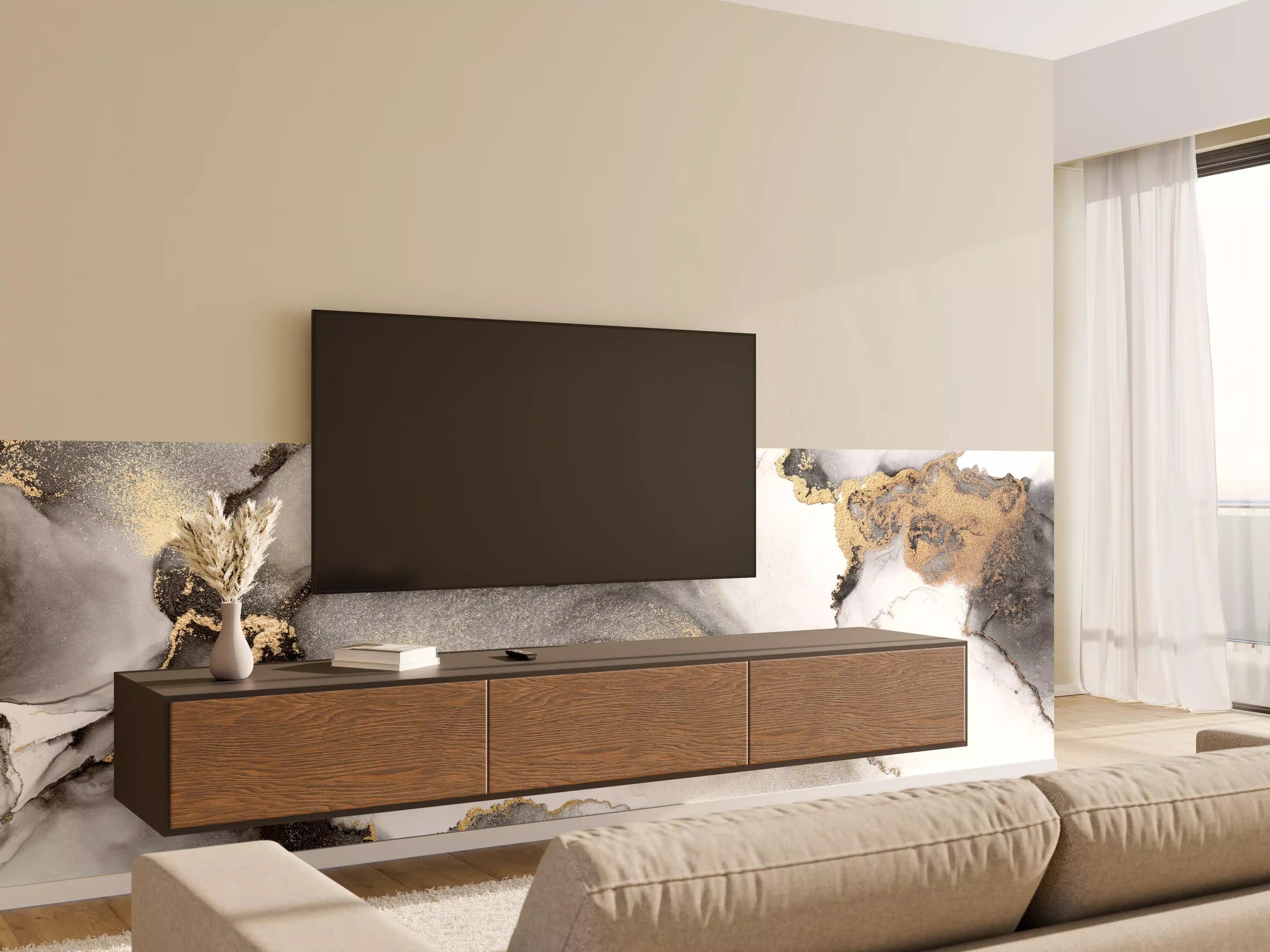 Wandverkleidung Wohnzimmer - Elegante Gold- und Grautöne im Wasserfarben-Design