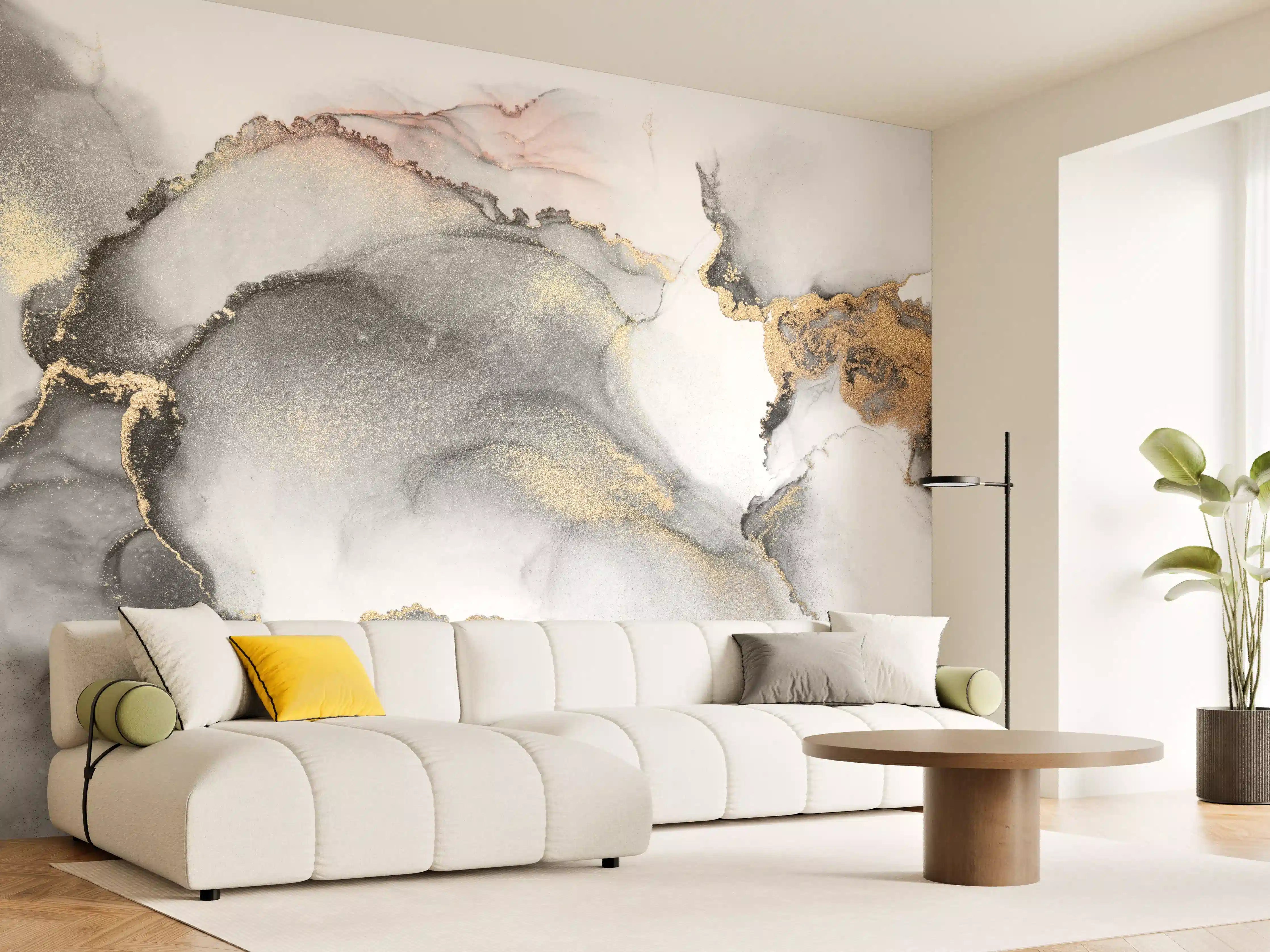 Wandverkleidung Wohnzimmer - Elegante Gold- und Grautöne im Wasserfarben-Design