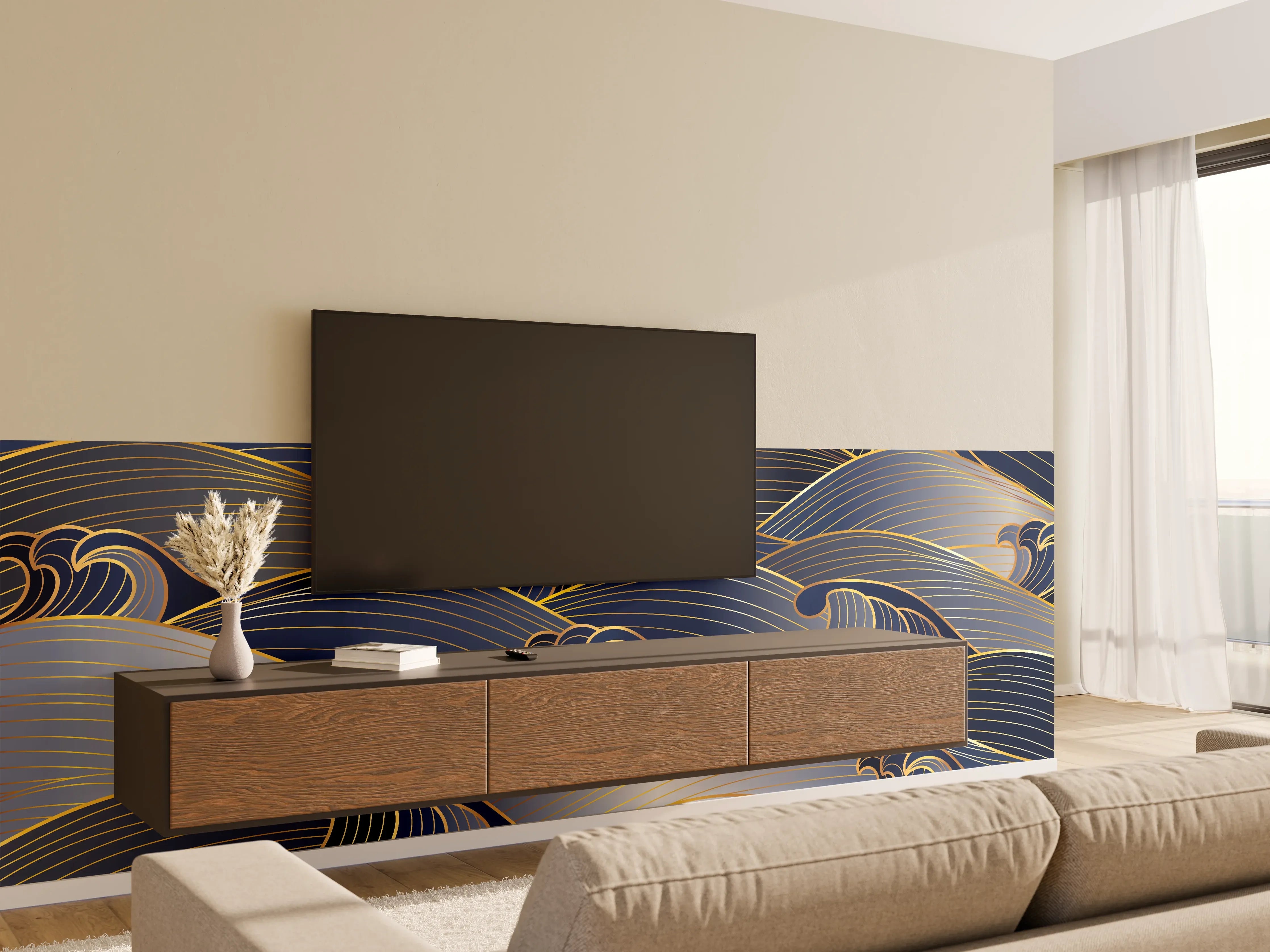 Wandverkleidung Wohnzimmer - Elegante Gold-Blau Wellentextur