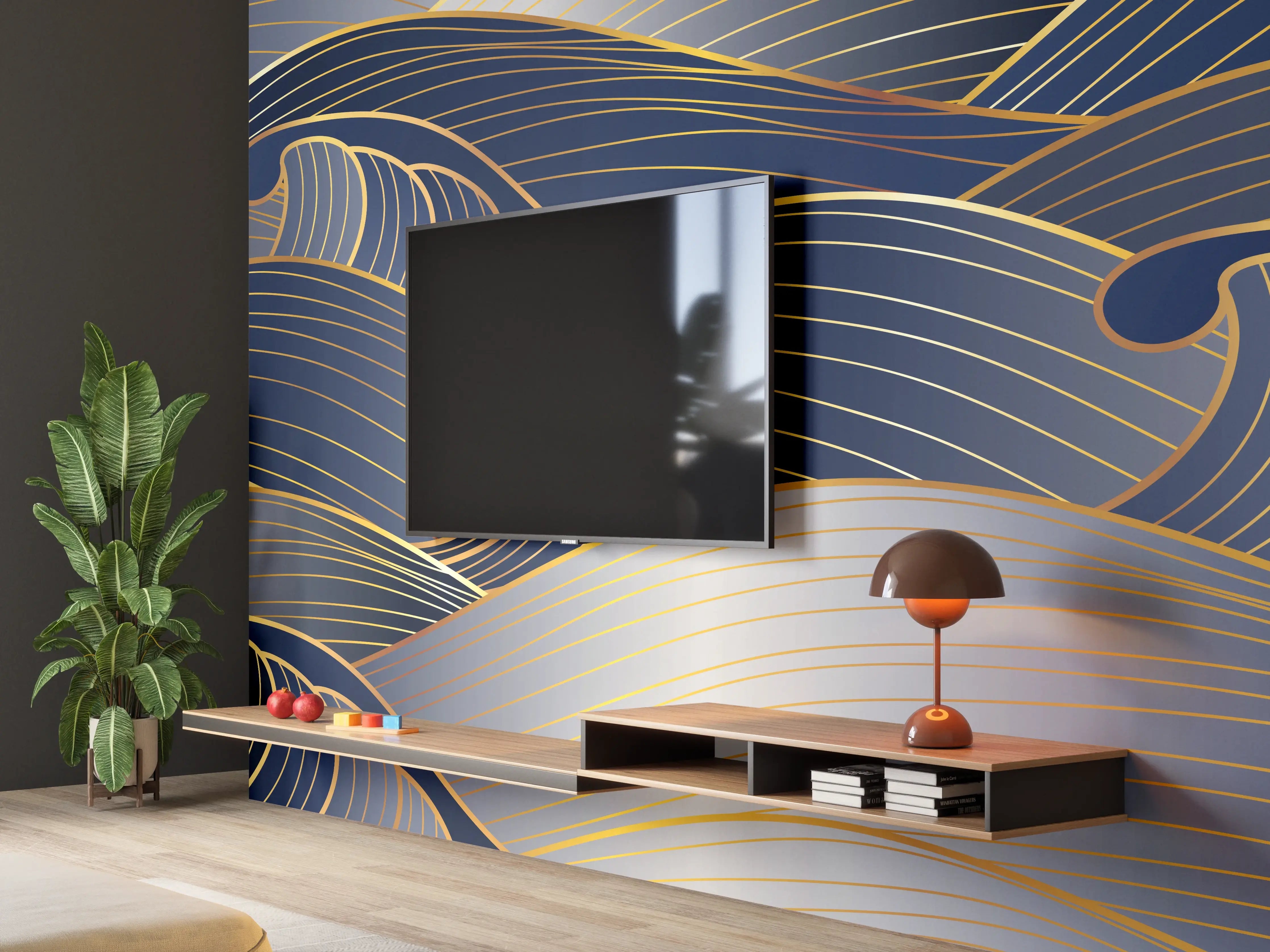 Wandverkleidung Wohnzimmer - Elegante Gold-Blau Wellentextur