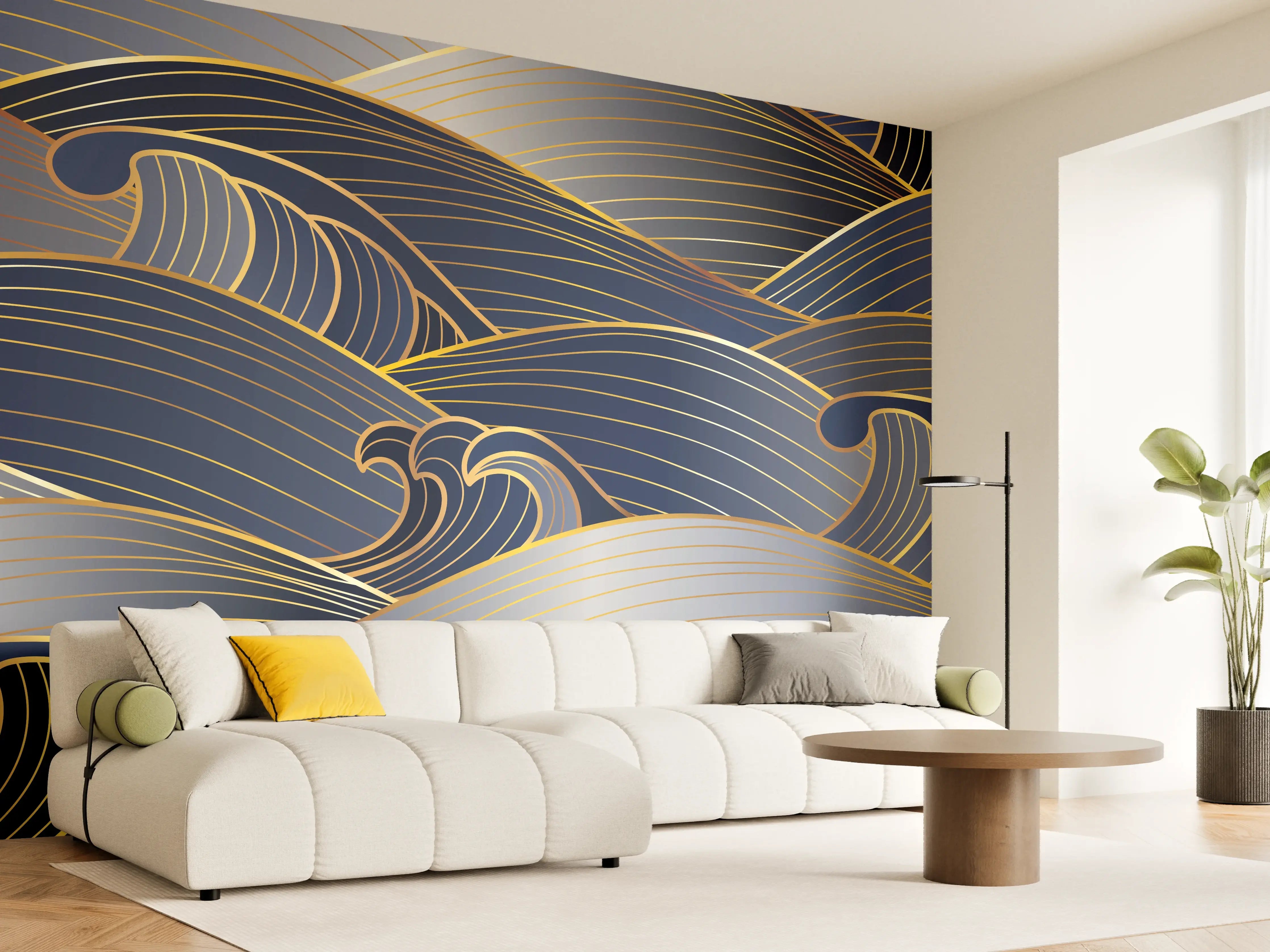 Wandverkleidung Wohnzimmer - Elegante Gold-Blau Wellentextur