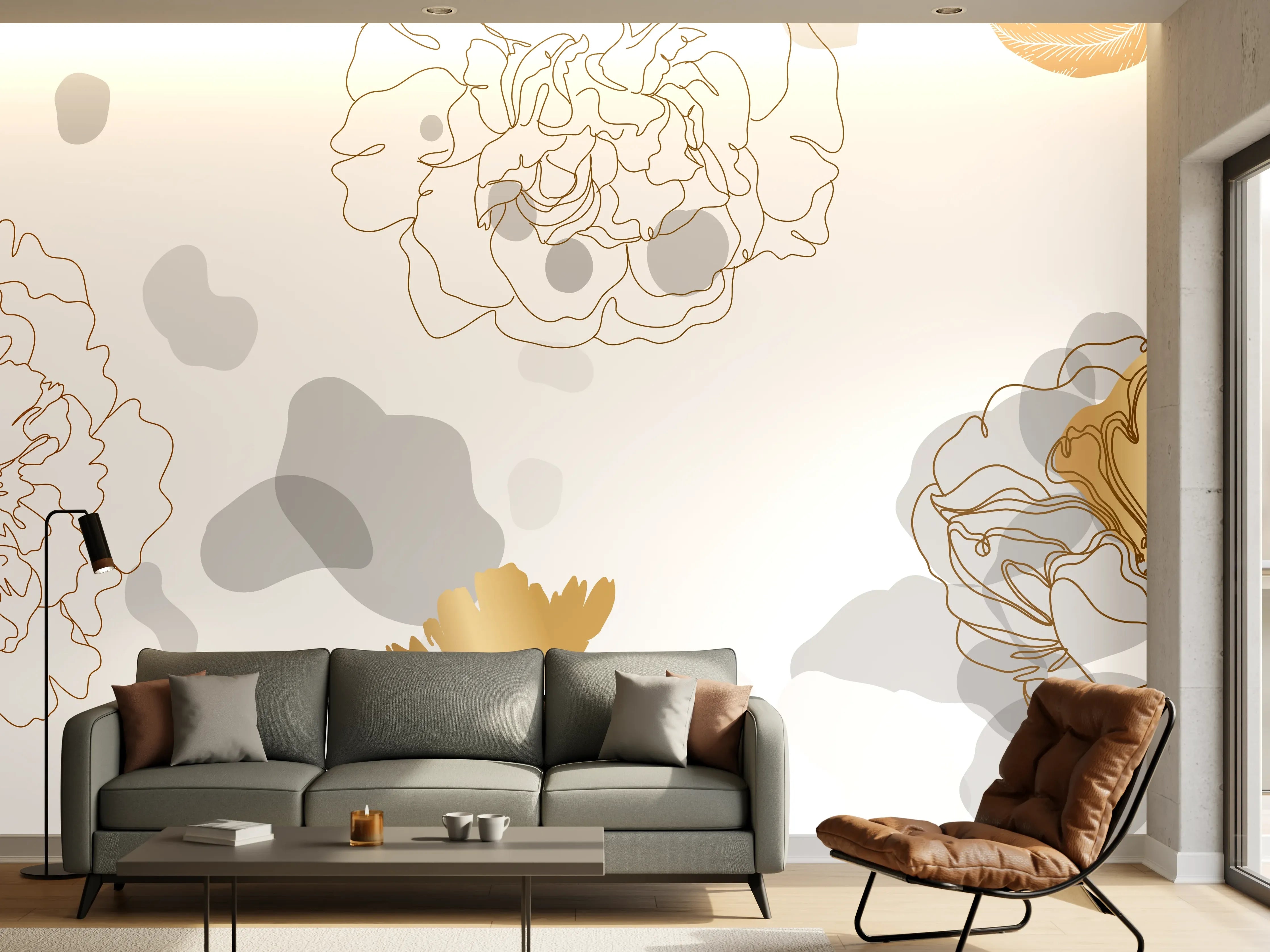 Wandverkleidung Wohnzimmer - Elegante Gold-Grau Floral Kunst