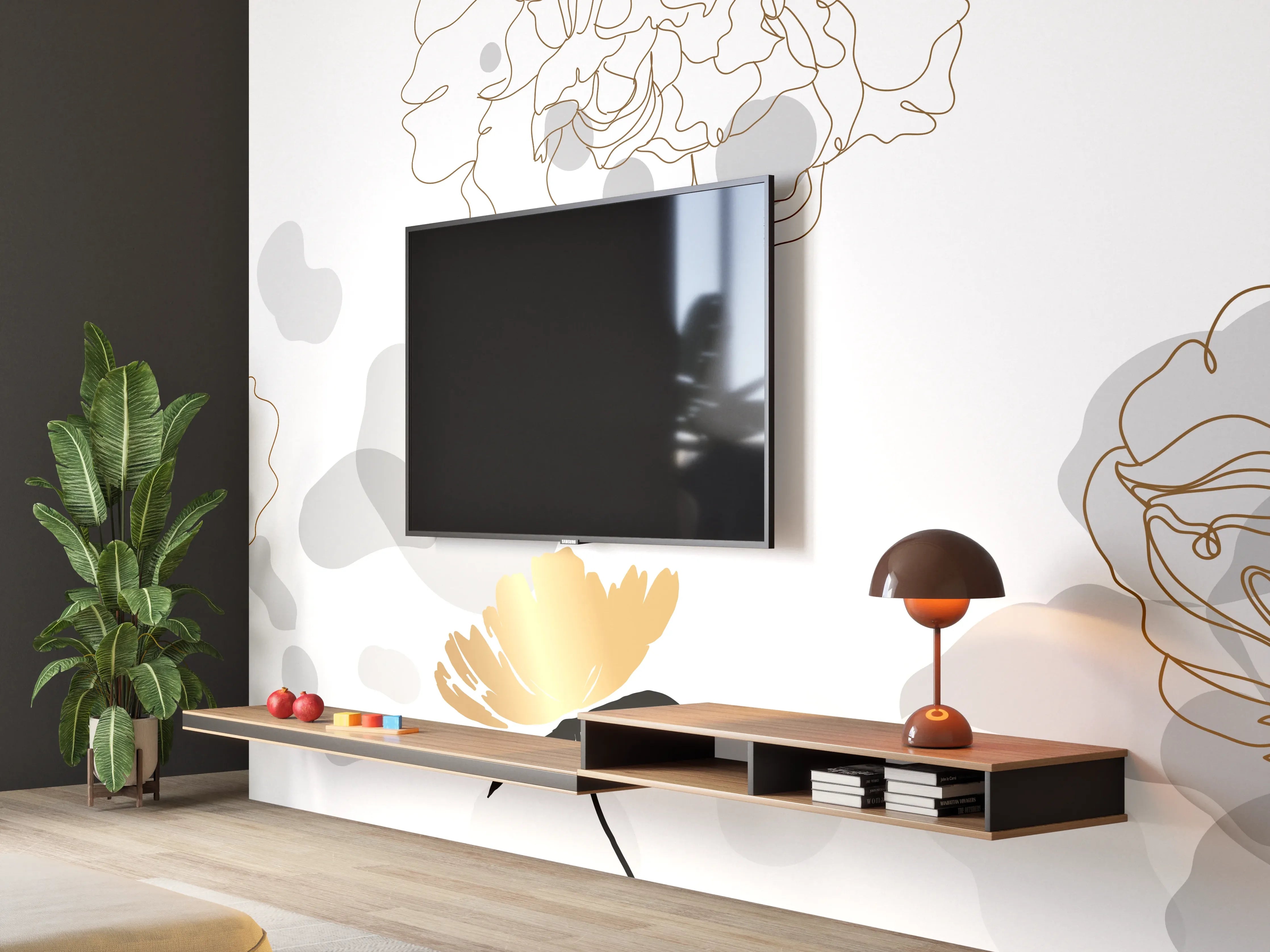 Wandverkleidung Wohnzimmer - Elegante Gold-Grau Floral Kunst