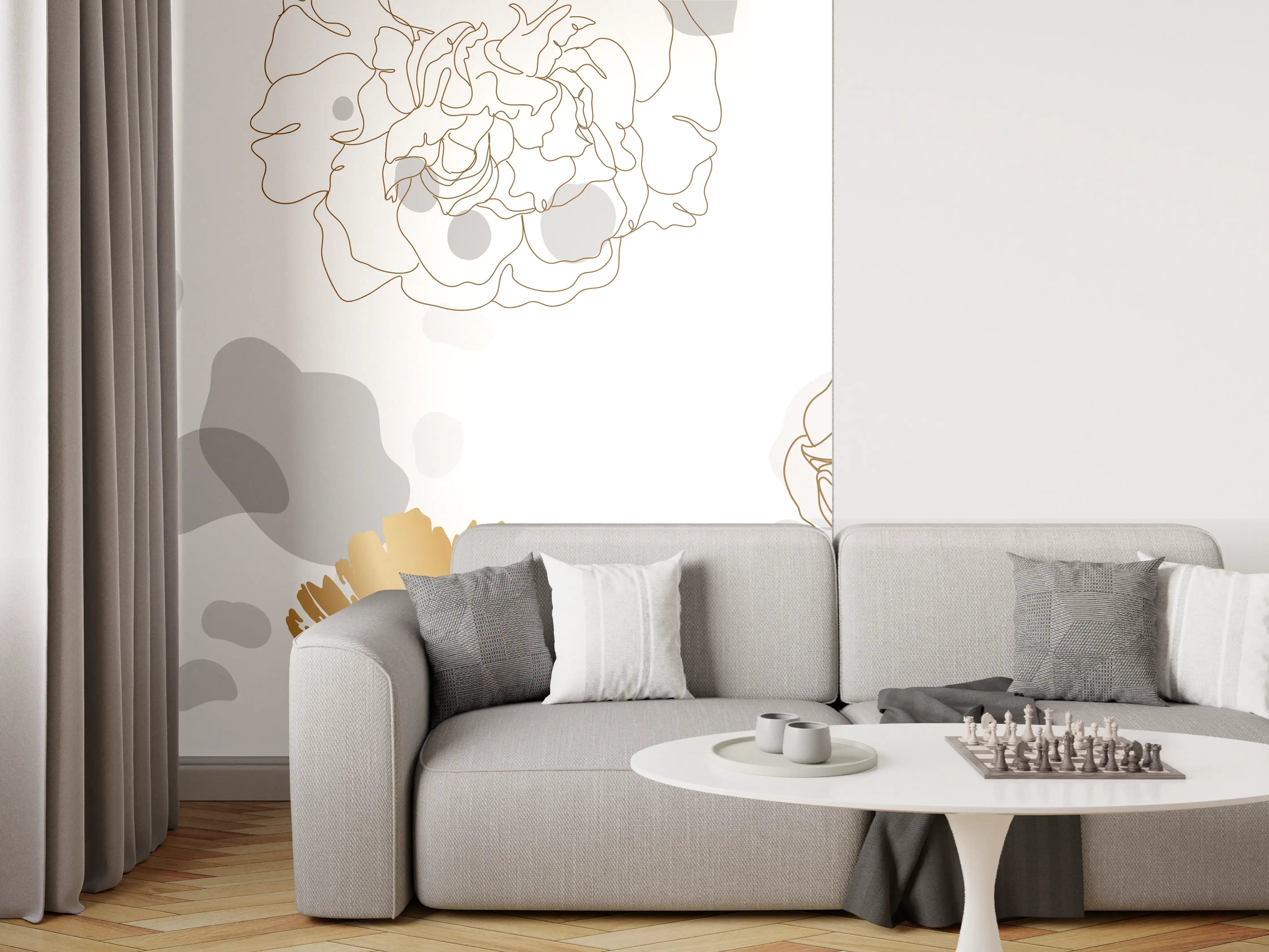 Wandverkleidung Wohnzimmer - Elegante Gold-Grau Floral Kunst