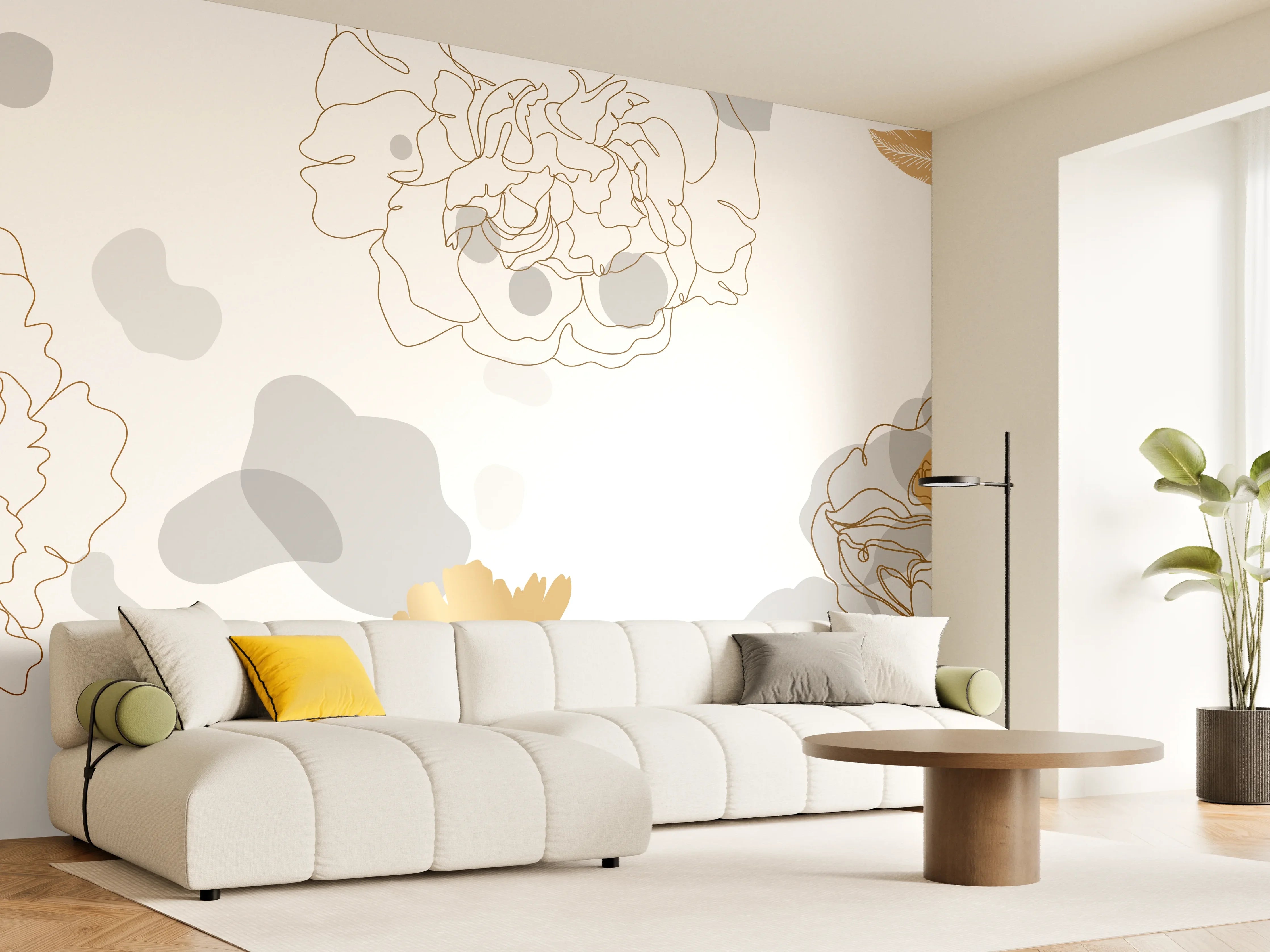 Wandverkleidung Wohnzimmer - Elegante Gold-Grau Floral Kunst