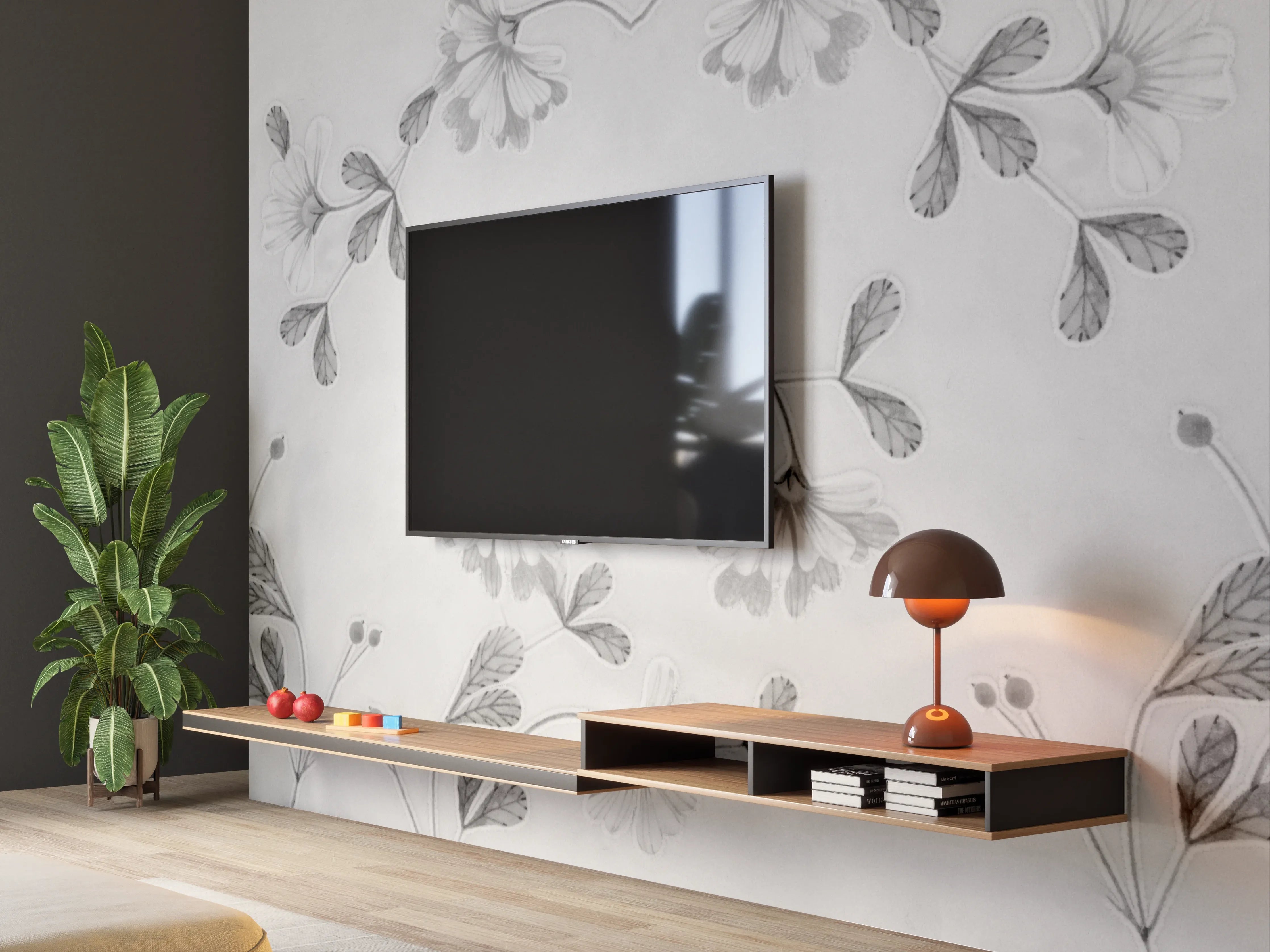 Wandverkleidung Wohnzimmer - Elegante Grau-Weiße Blumenmuster