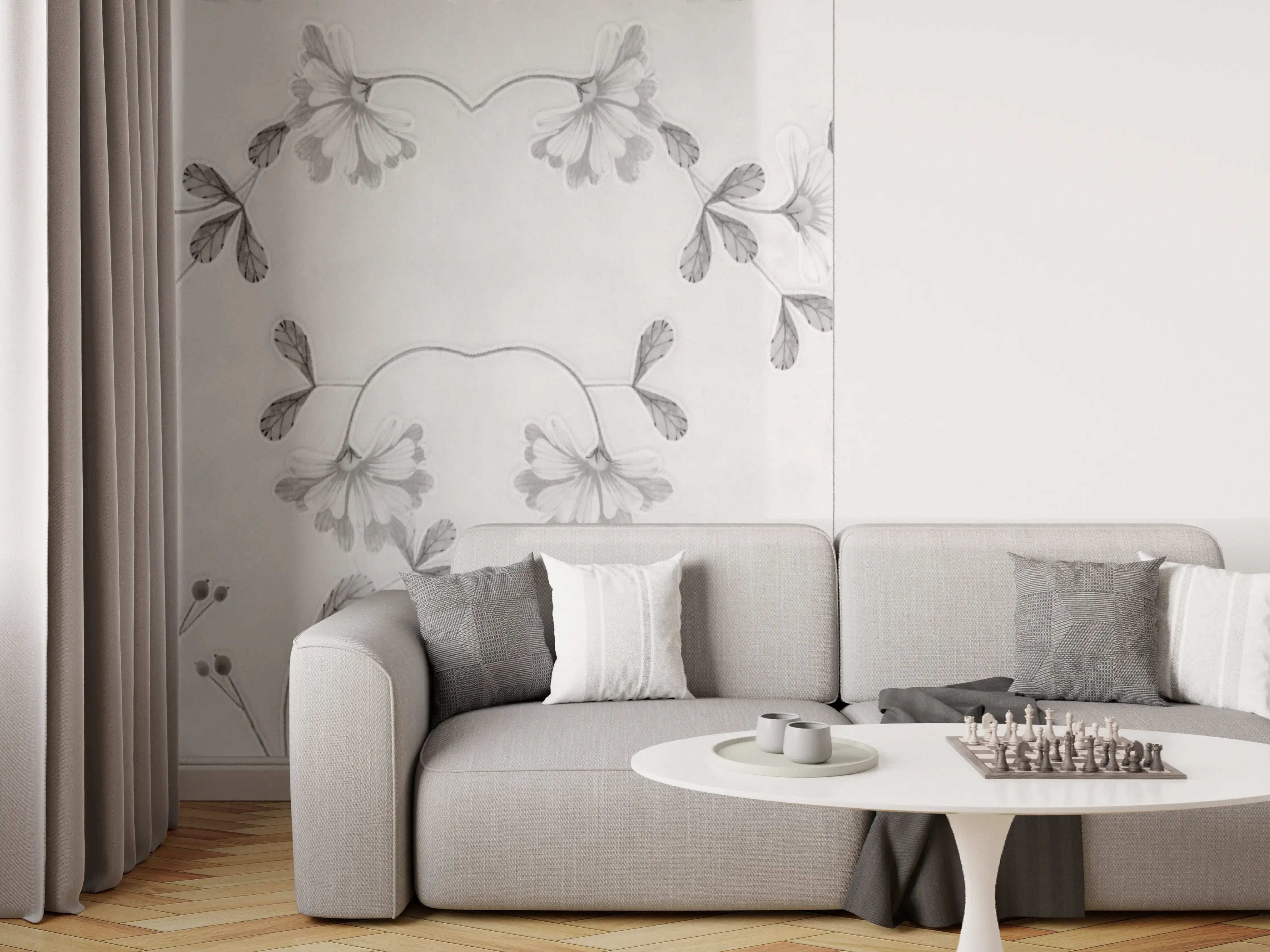 Wandverkleidung Wohnzimmer - Elegante Grau-Weiße Blumenmuster