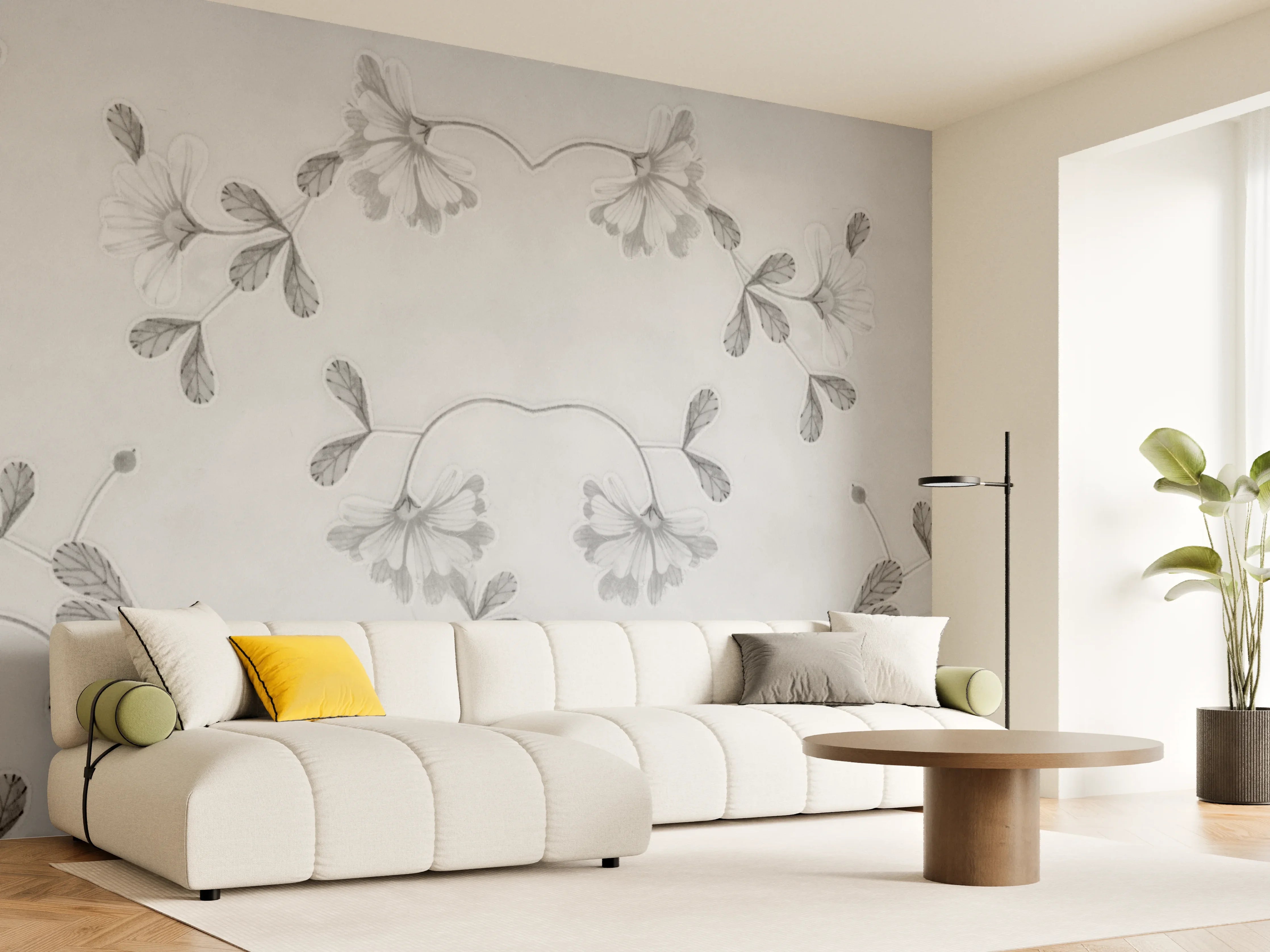 Wandverkleidung Wohnzimmer - Elegante Grau-Weiße Blumenmuster
