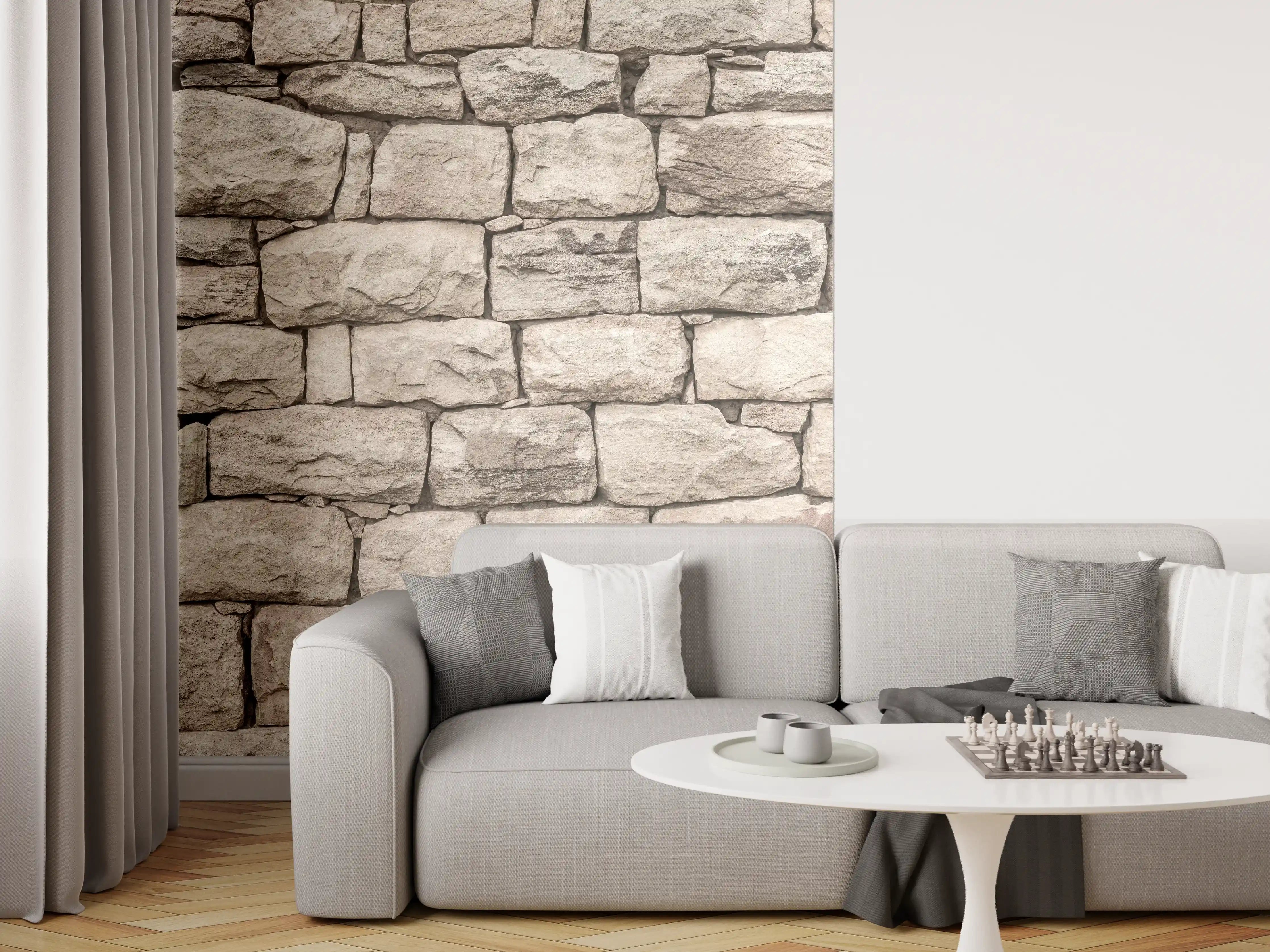 Wandverkleidung Wohnzimmer - Elegante Graunuance Natursteinmauer