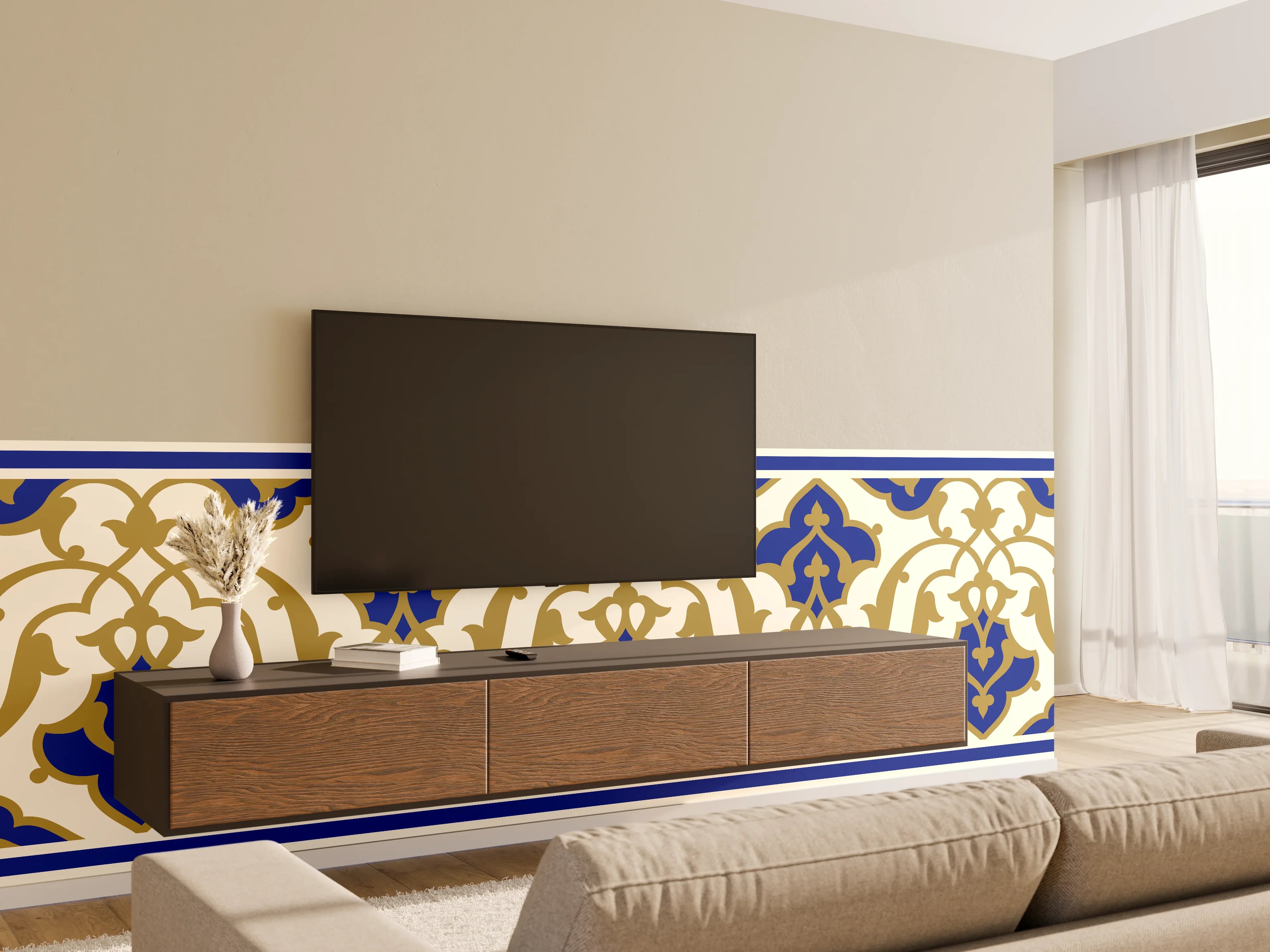 Wandverkleidung Wohnzimmer - Elegante Kachelmuster in Blau und Gold