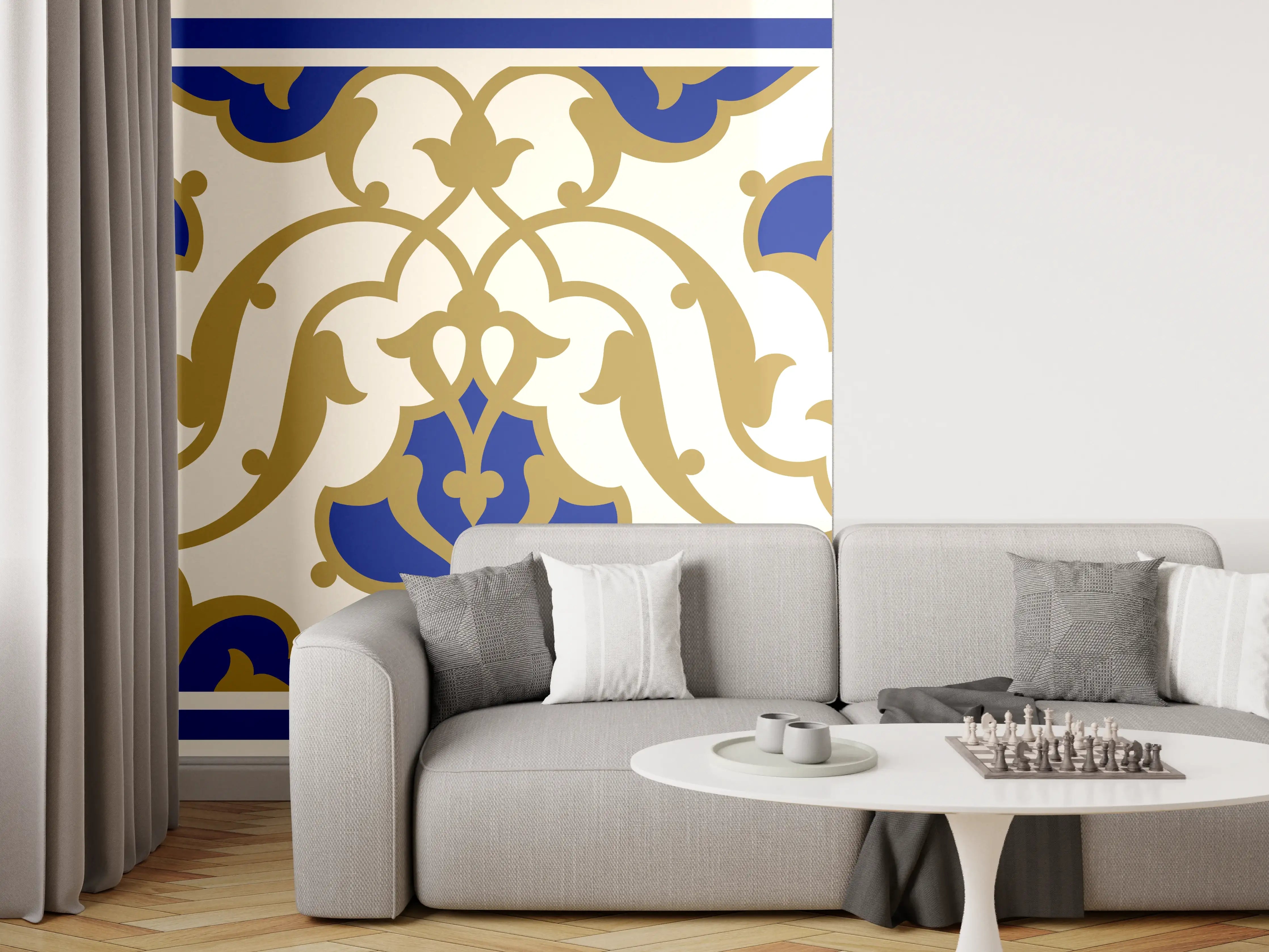 Wandverkleidung Wohnzimmer - Elegante Kachelmuster in Blau und Gold