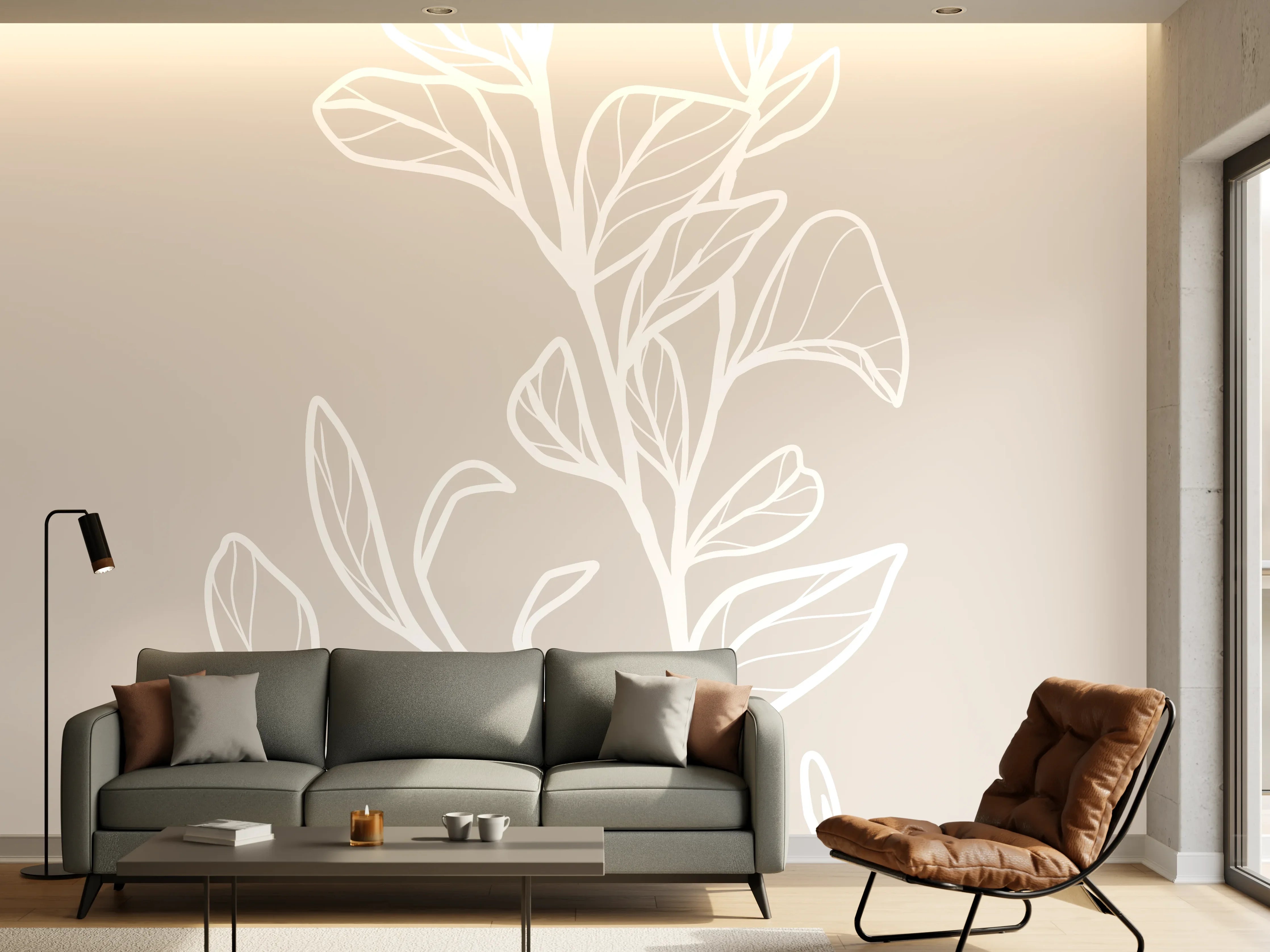 Wandverkleidung Wohnzimmer - Elegante Linienzeichnung von Pflanze
