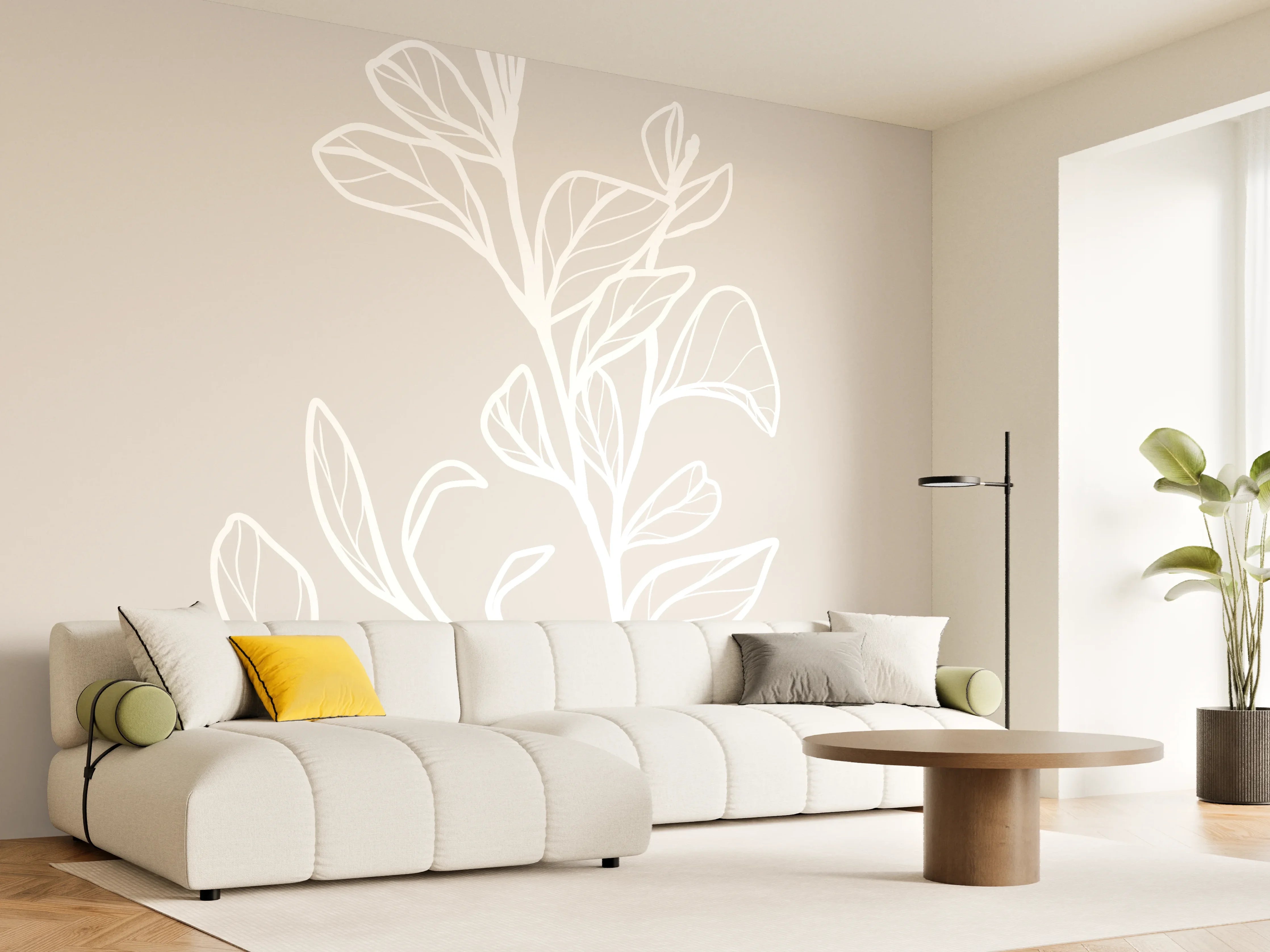 Wandverkleidung Wohnzimmer - Elegante Linienzeichnung von Pflanze
