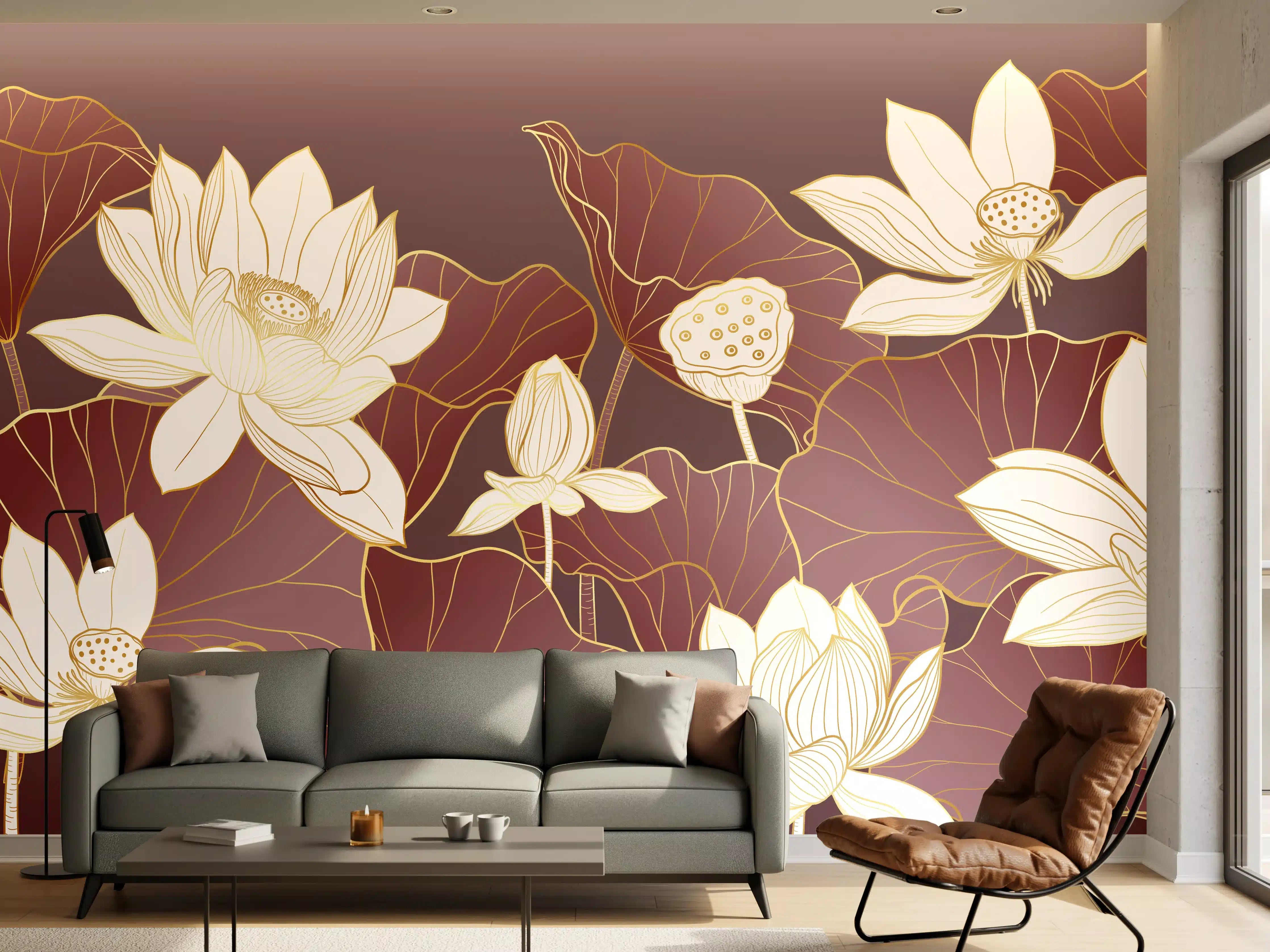 Wandverkleidung Wohnzimmer - Elegante Lotus-Blumen in warmen Tönen