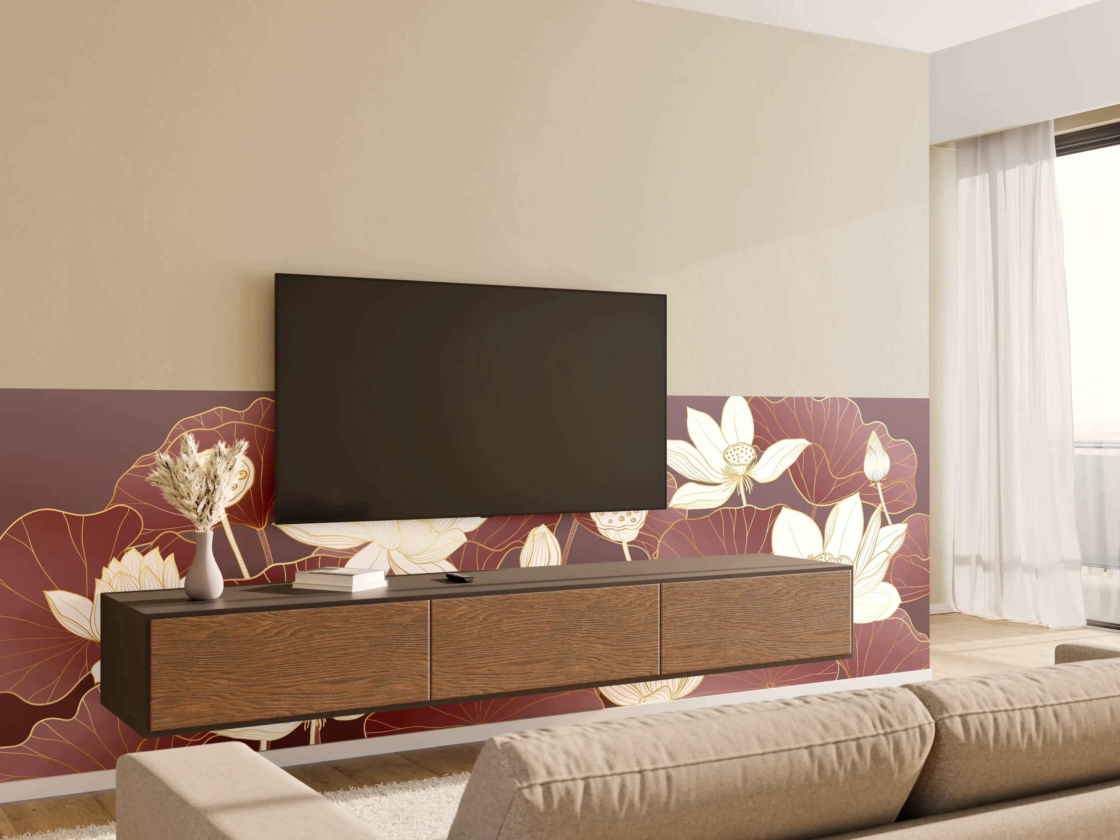 Wandverkleidung Wohnzimmer - Elegante Lotus-Blumen in warmen Tönen