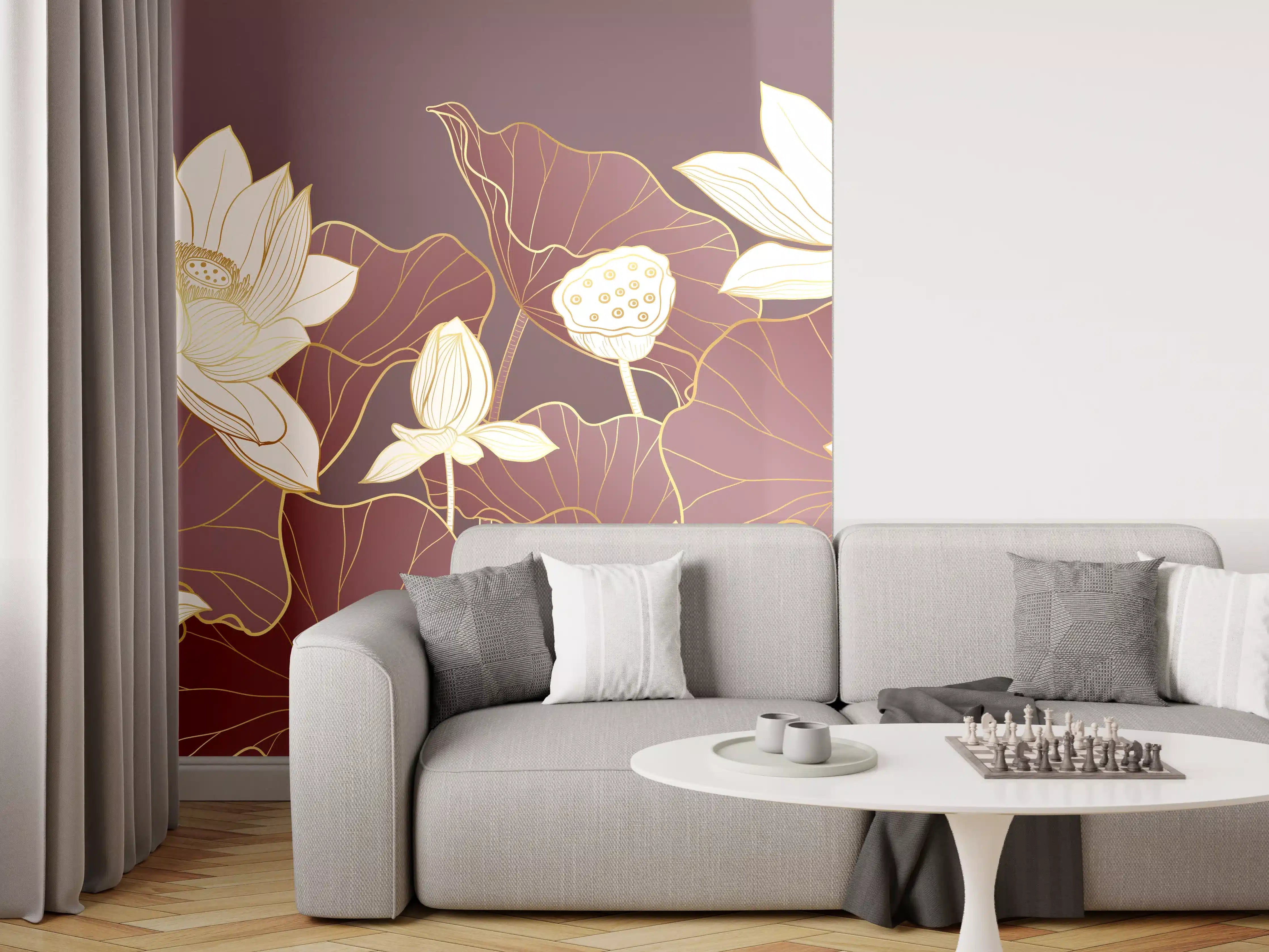 Wandverkleidung Wohnzimmer - Elegante Lotus-Blumen in warmen Tönen