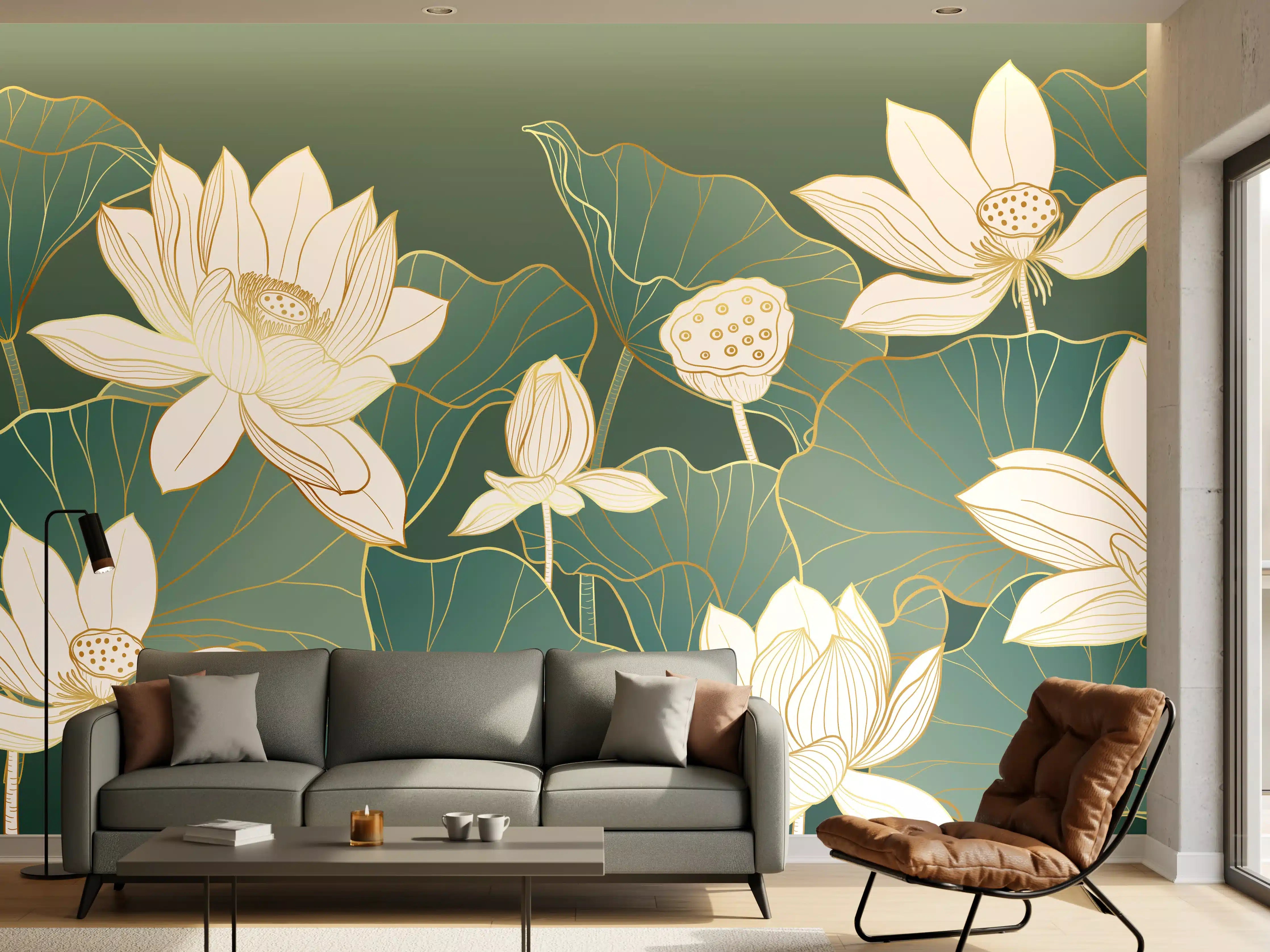 Wandverkleidung Wohnzimmer - Elegante Lotus-Design im Grün-Kontrast