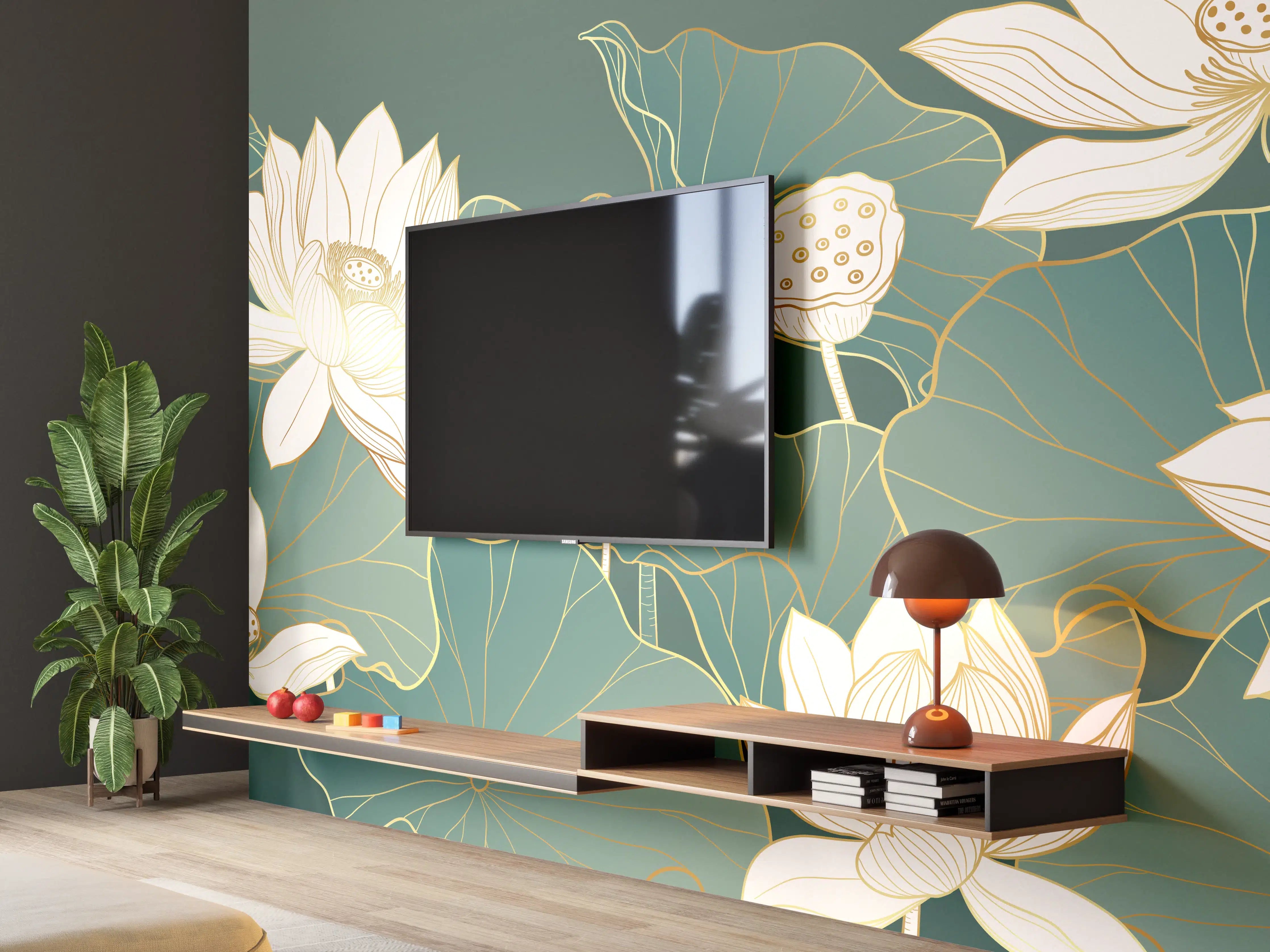 Wandverkleidung Wohnzimmer - Elegante Lotus-Design im Grün-Kontrast