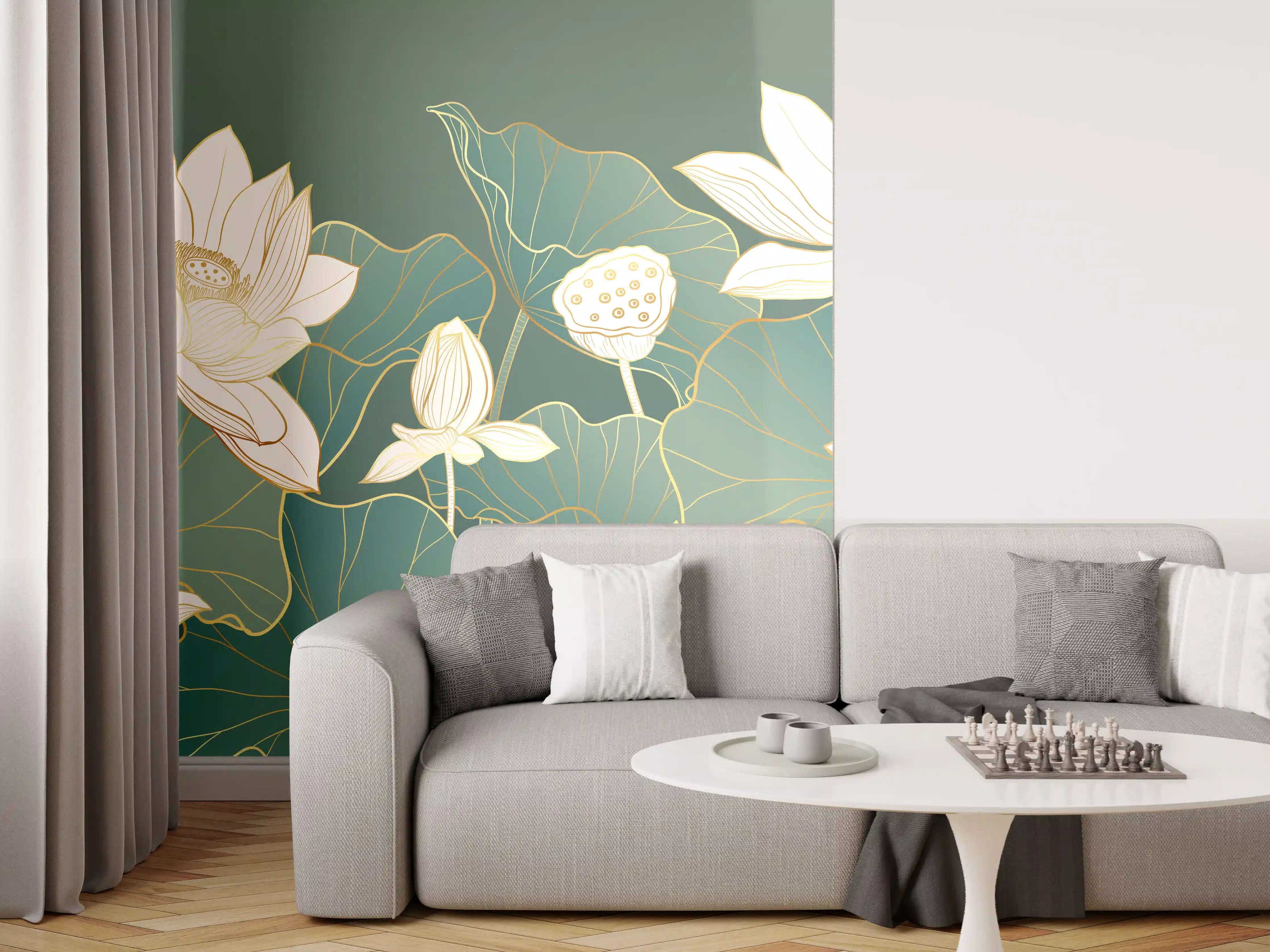 Wandverkleidung Wohnzimmer - Elegante Lotus-Design im Grün-Kontrast