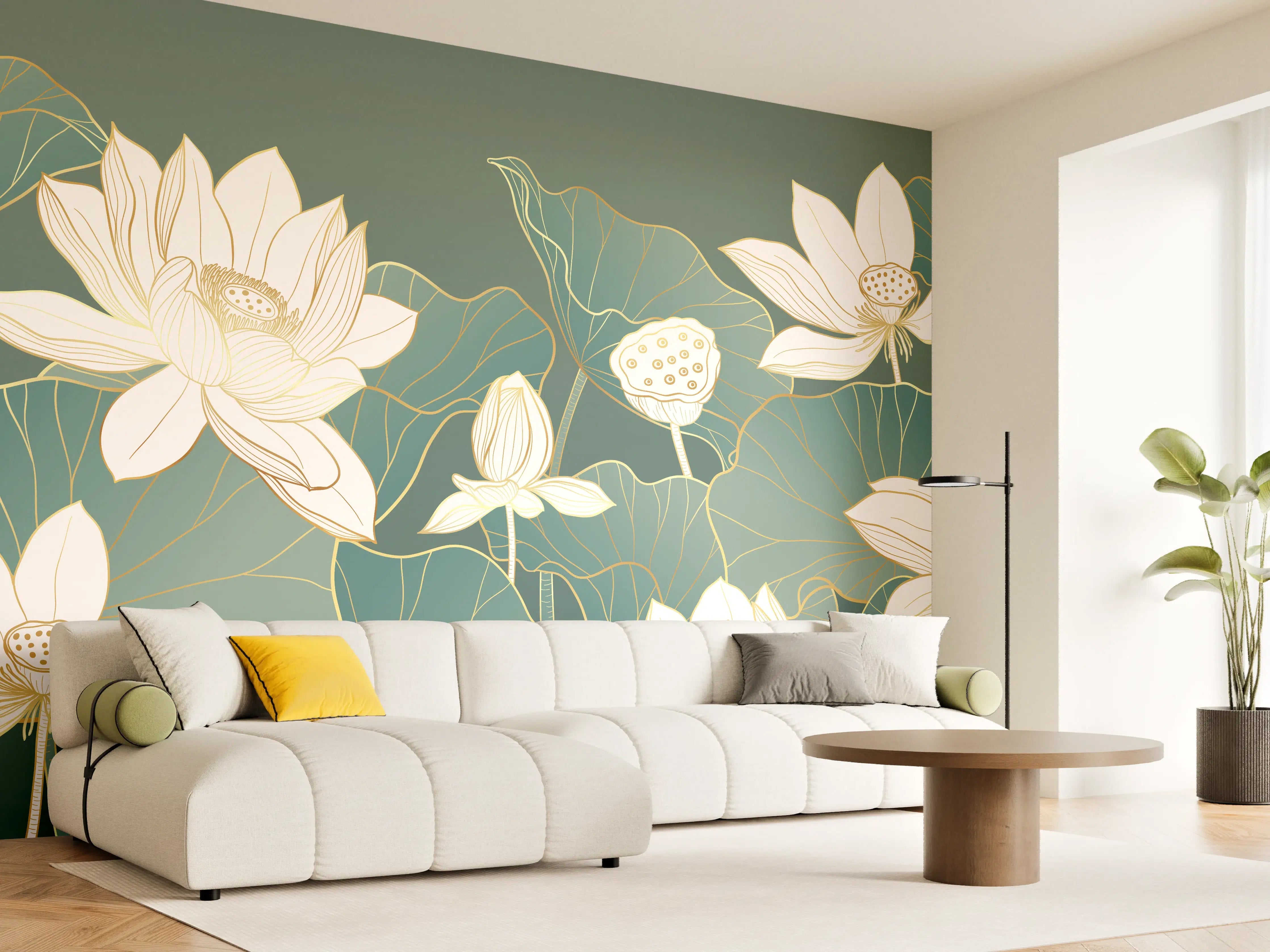 Wandverkleidung Wohnzimmer - Elegante Lotus-Design im Grün-Kontrast