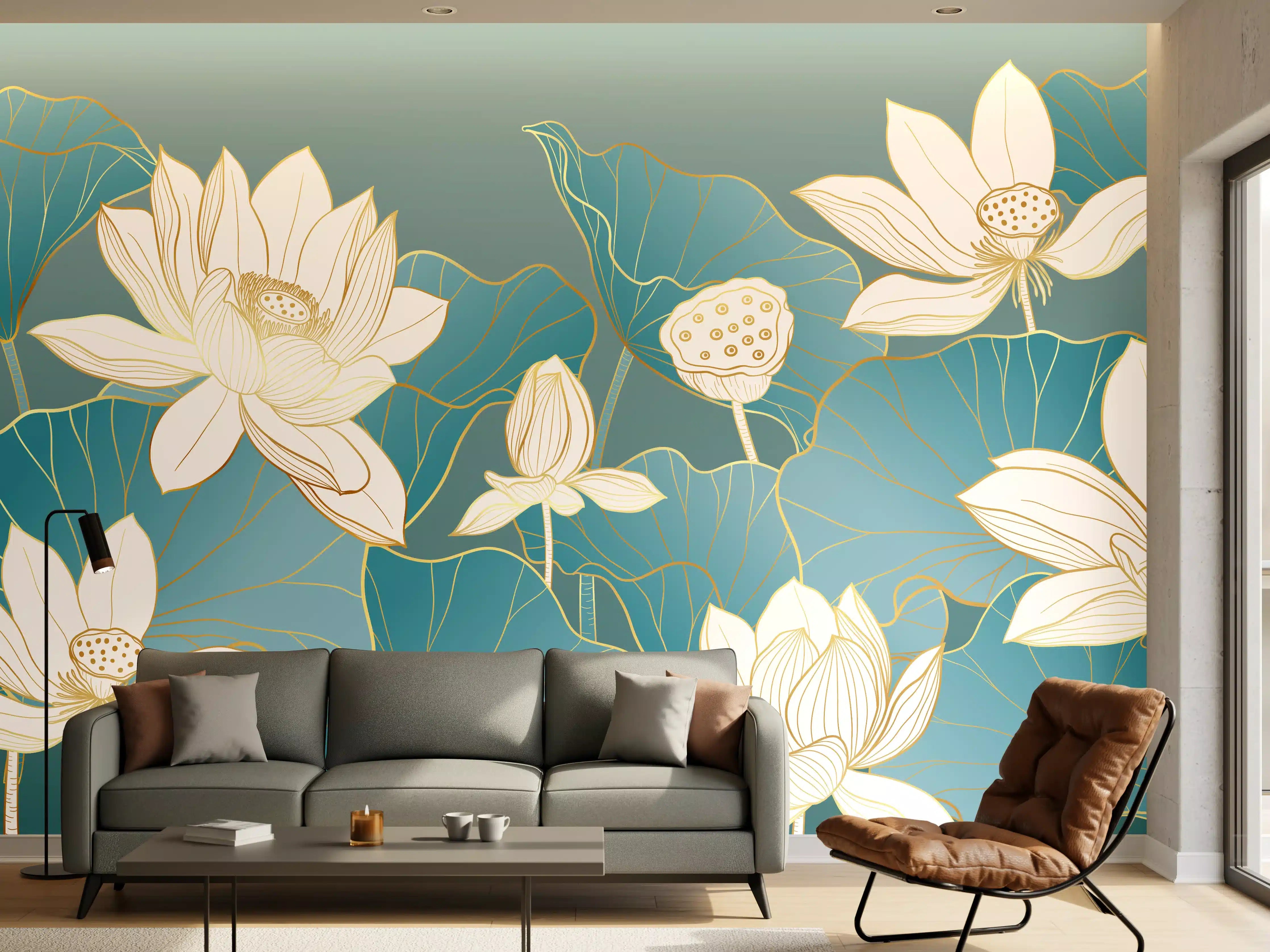Wandverkleidung Wohnzimmer - Elegante Lotusblüten auf Wasserflächen
