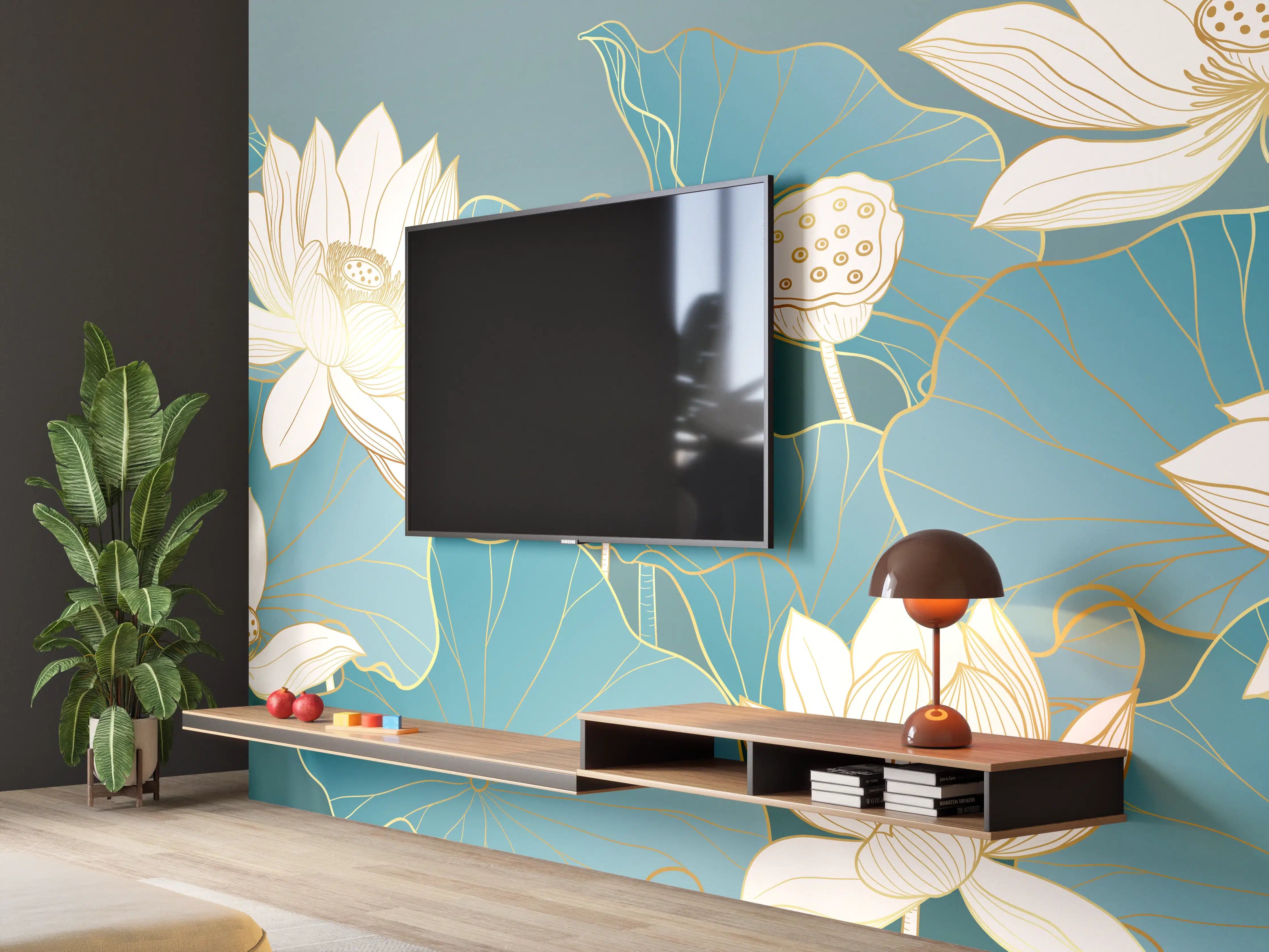 Wandverkleidung Wohnzimmer - Elegante Lotusblüten auf Wasserflächen