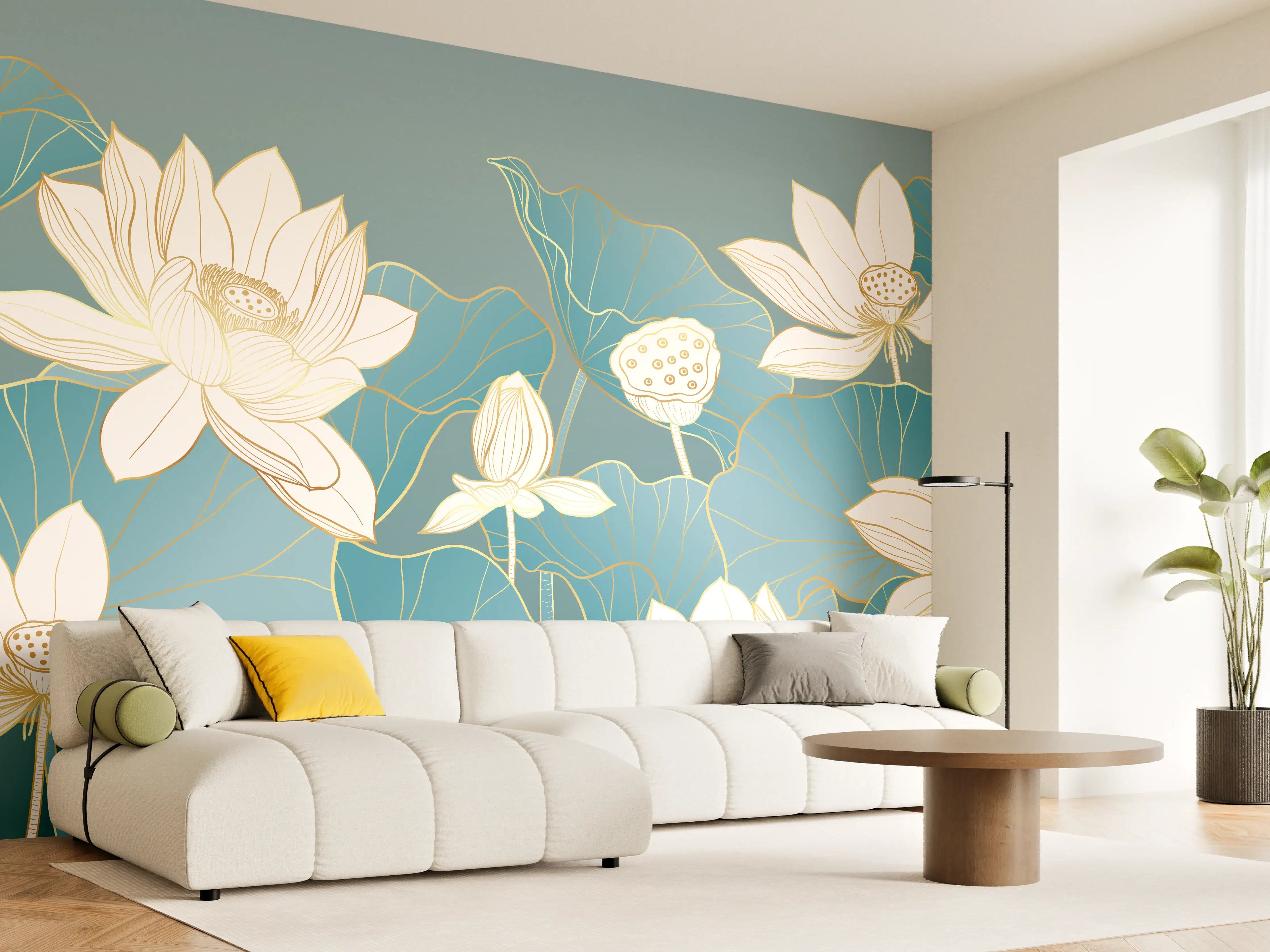 Wandverkleidung Wohnzimmer - Elegante Lotusblüten auf Wasserflächen