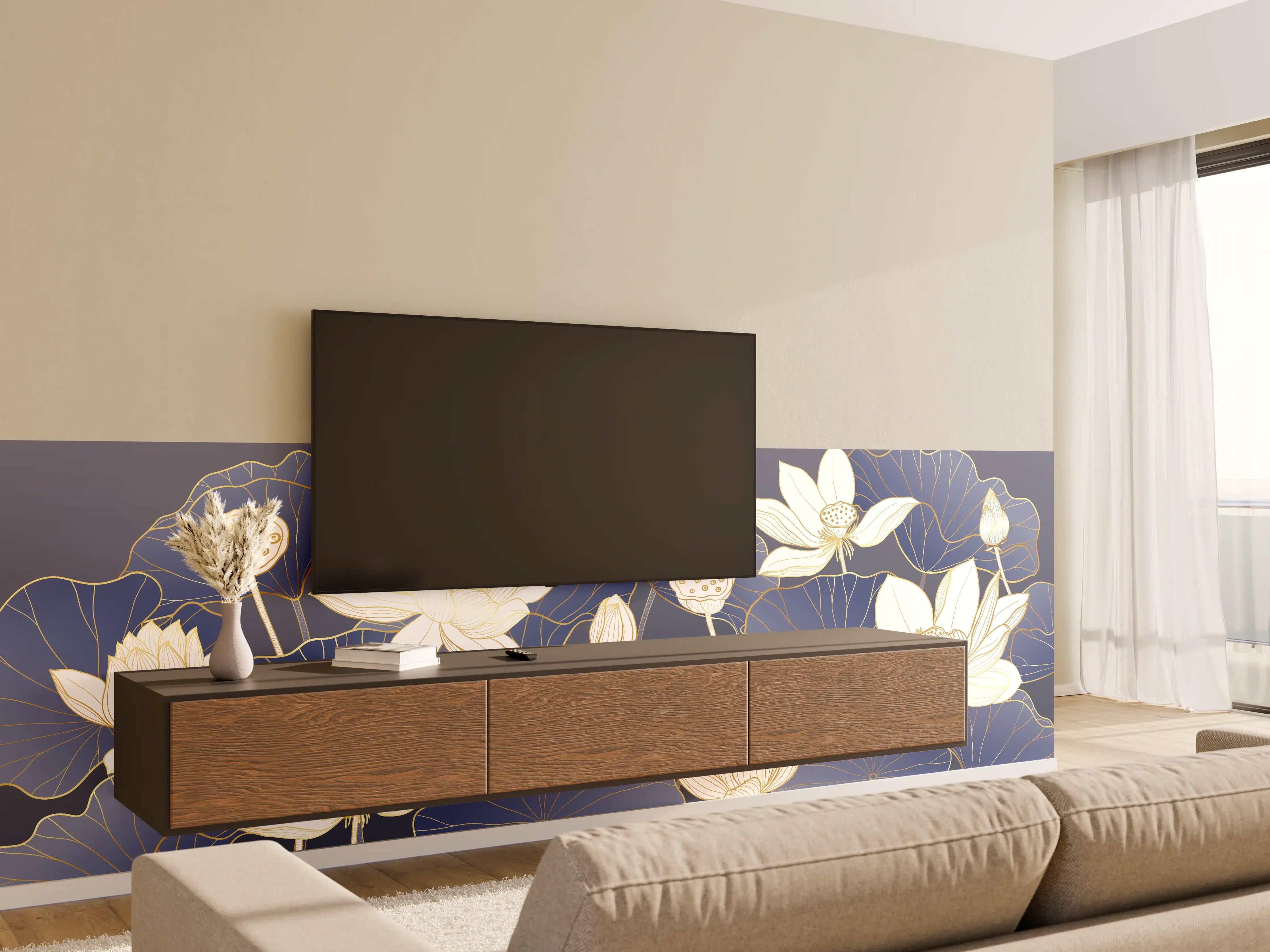 Wandverkleidung Wohnzimmer - Elegante Lotusblumen im blauen Wasser