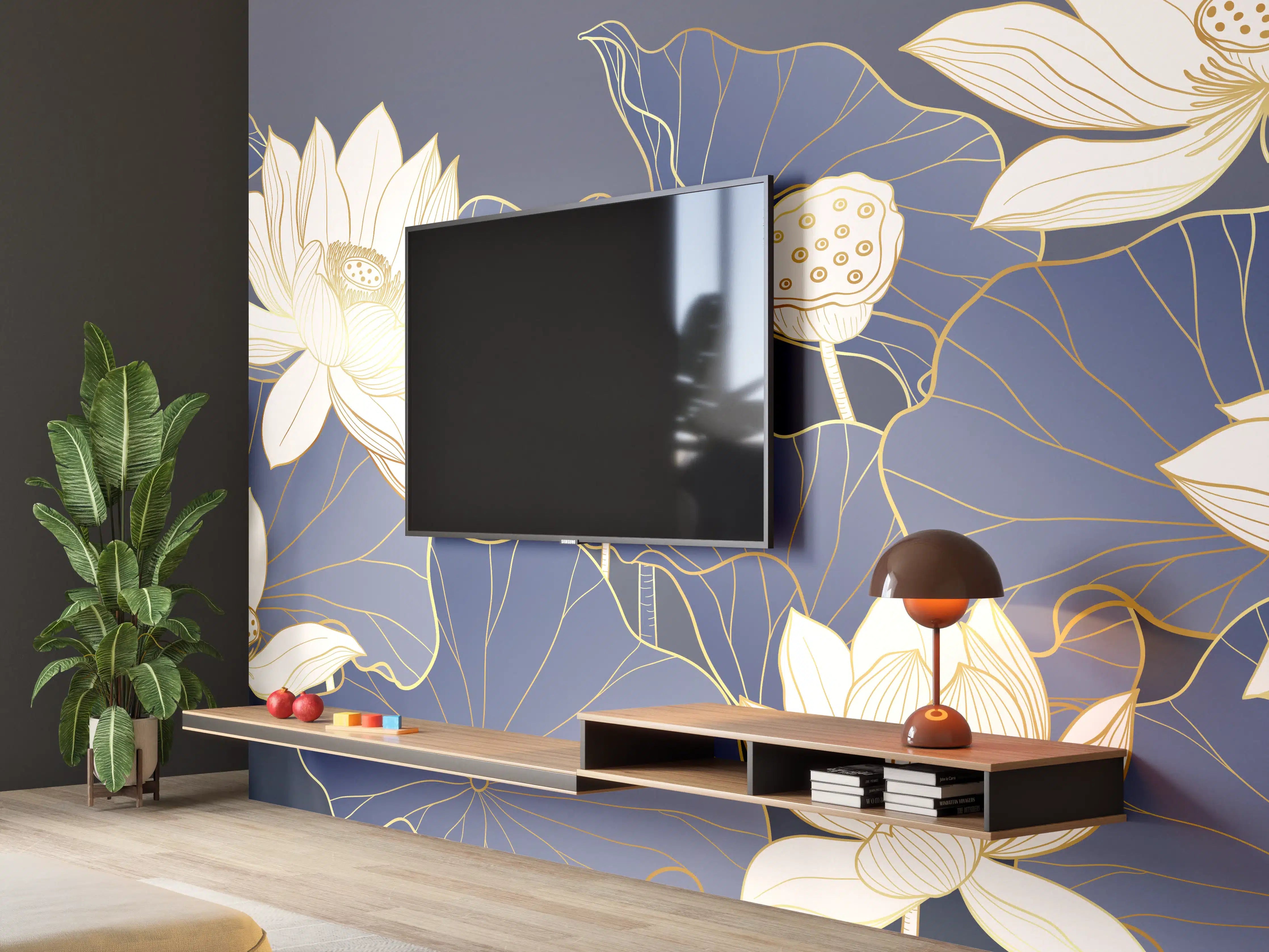 Wandverkleidung Wohnzimmer - Elegante Lotusblumen im blauen Wasser