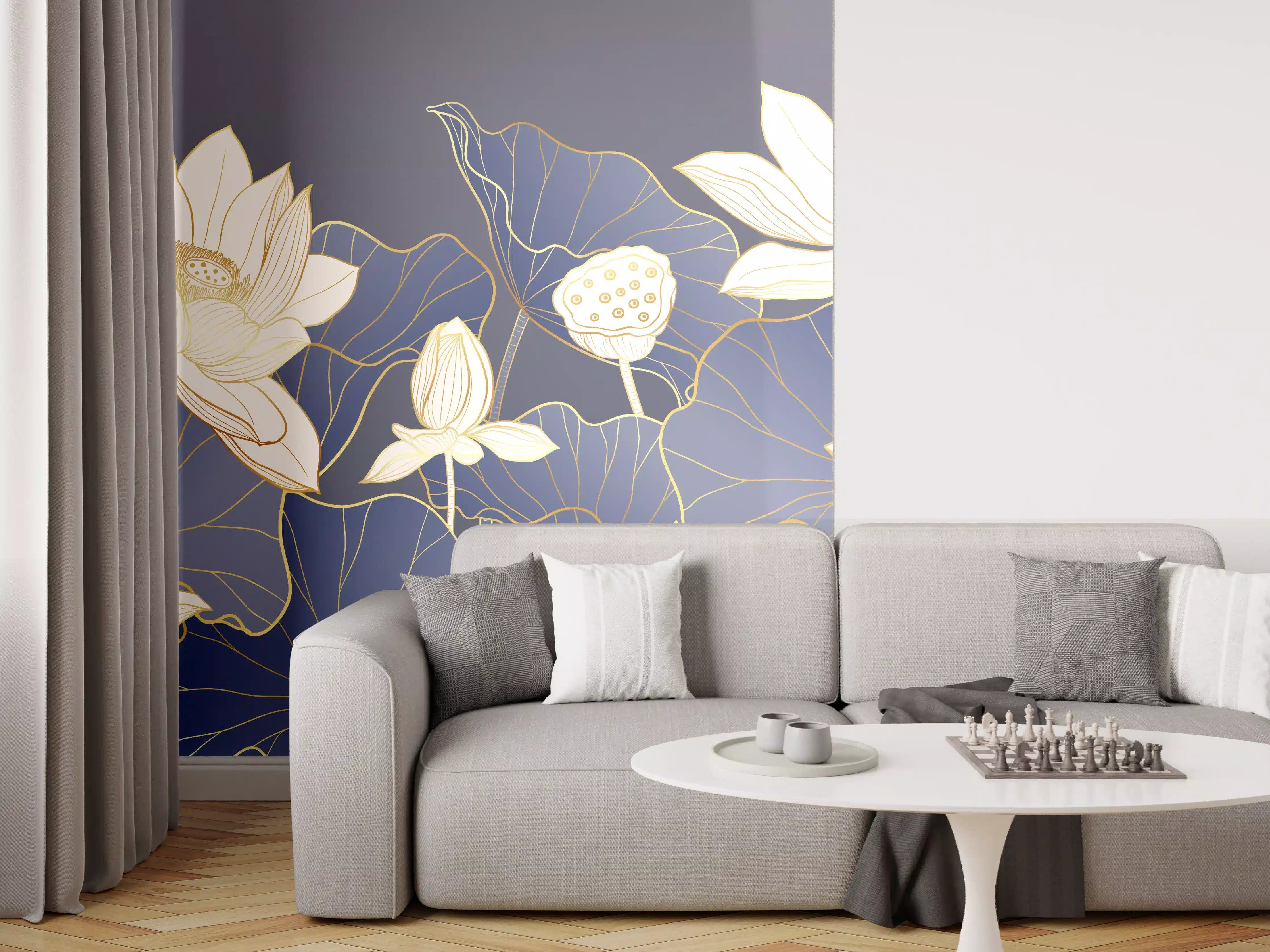 Wandverkleidung Wohnzimmer - Elegante Lotusblumen im blauen Wasser
