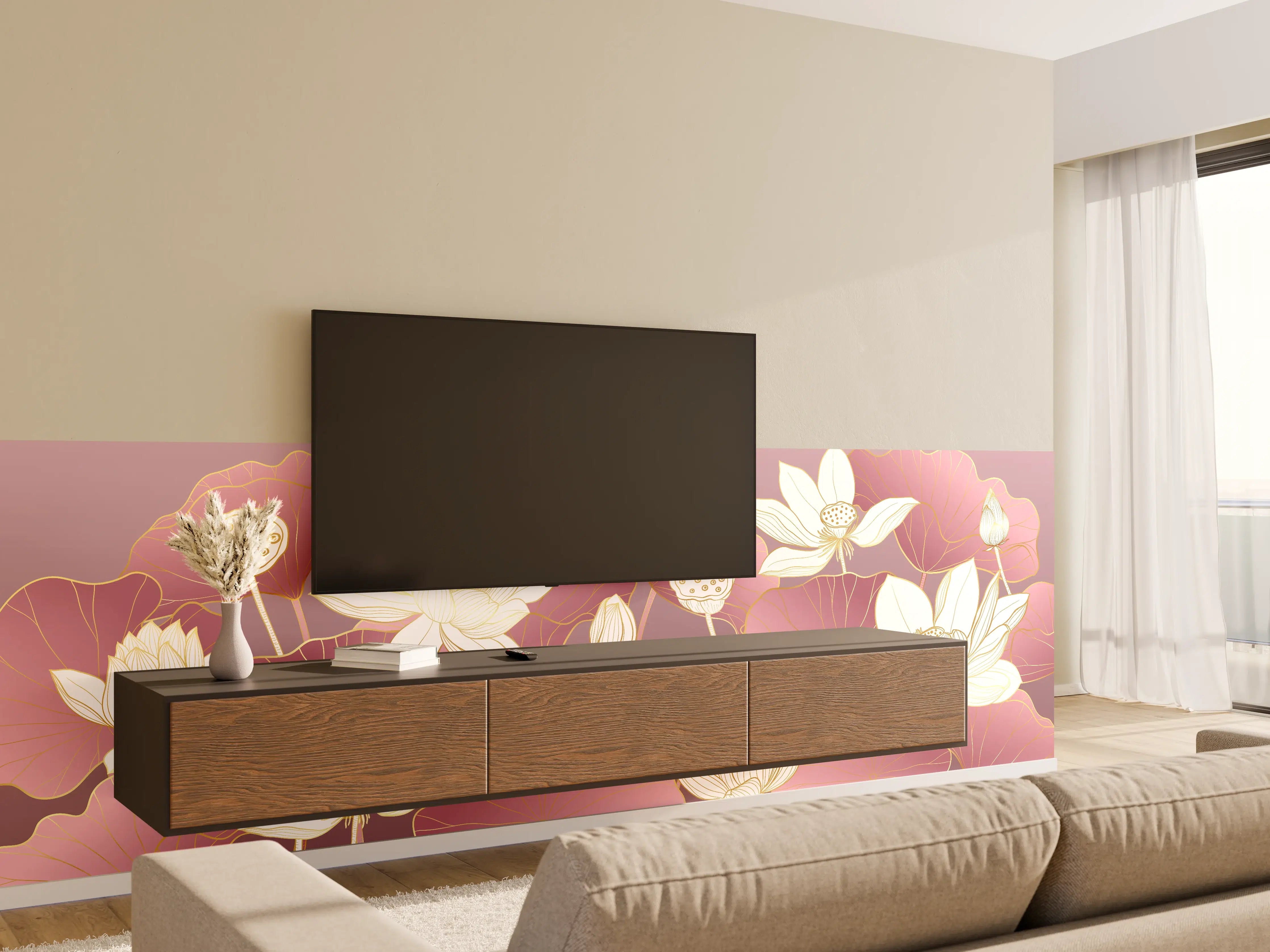 Wandverkleidung Wohnzimmer - Elegante Lotusblumen in Pastellfarben