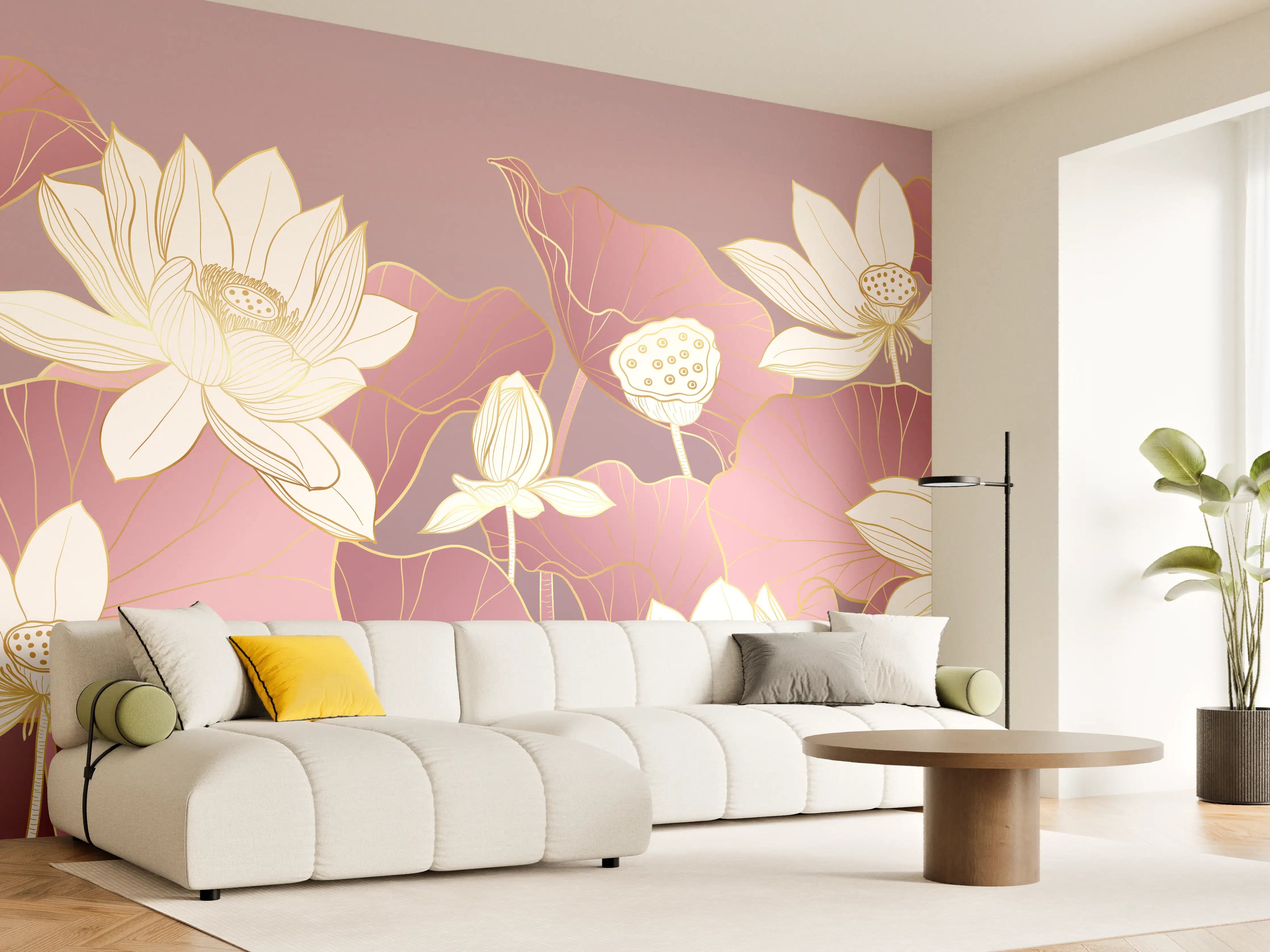 Wandverkleidung Wohnzimmer - Elegante Lotusblumen in Pastellfarben