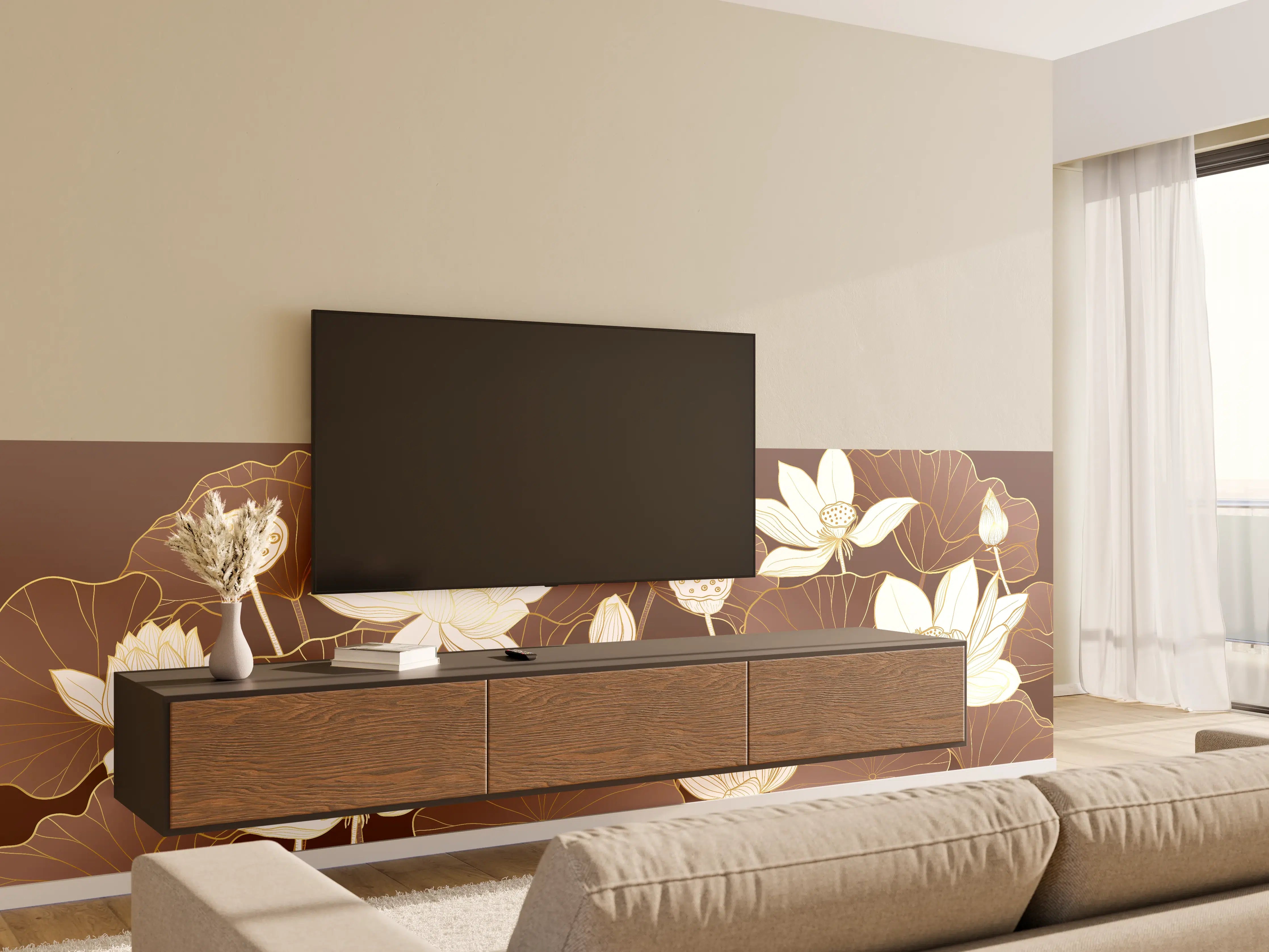 Wandverkleidung Wohnzimmer - Elegante Lotusblumen in sanften Tönen