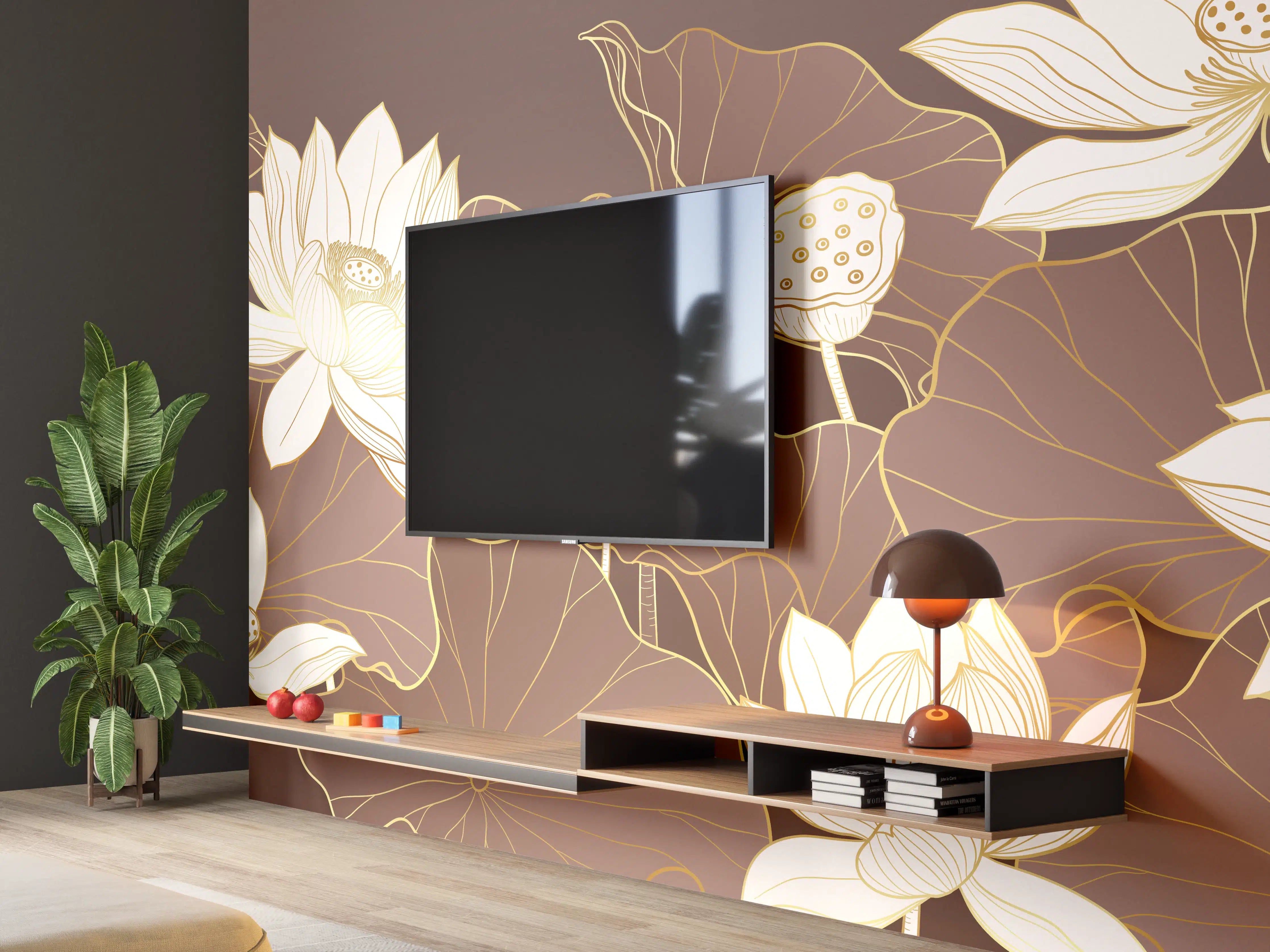 Wandverkleidung Wohnzimmer - Elegante Lotusblumen in sanften Tönen