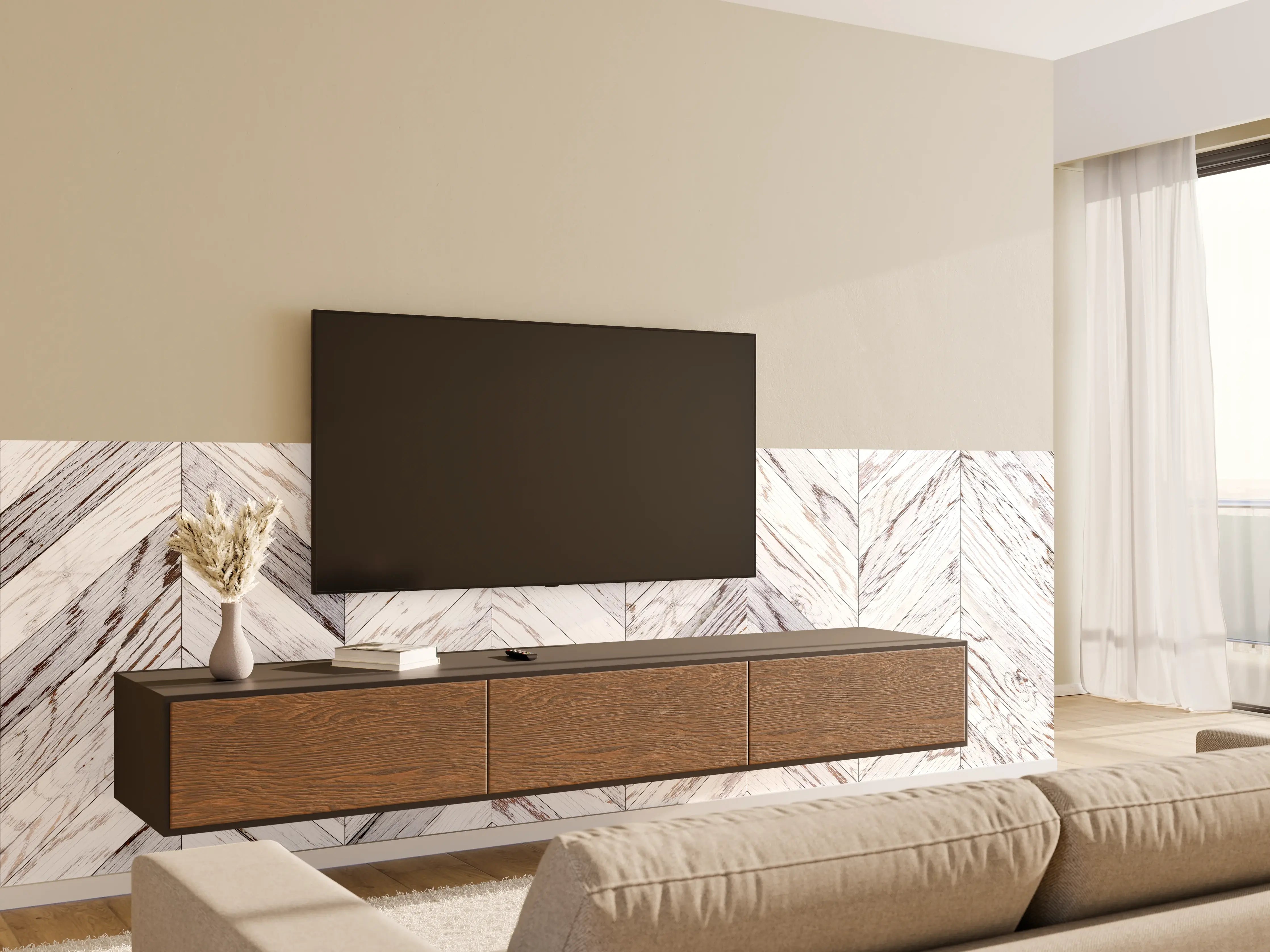 Wandverkleidung Wohnzimmer - Elegante Marmorfliesen im hölzernen Look