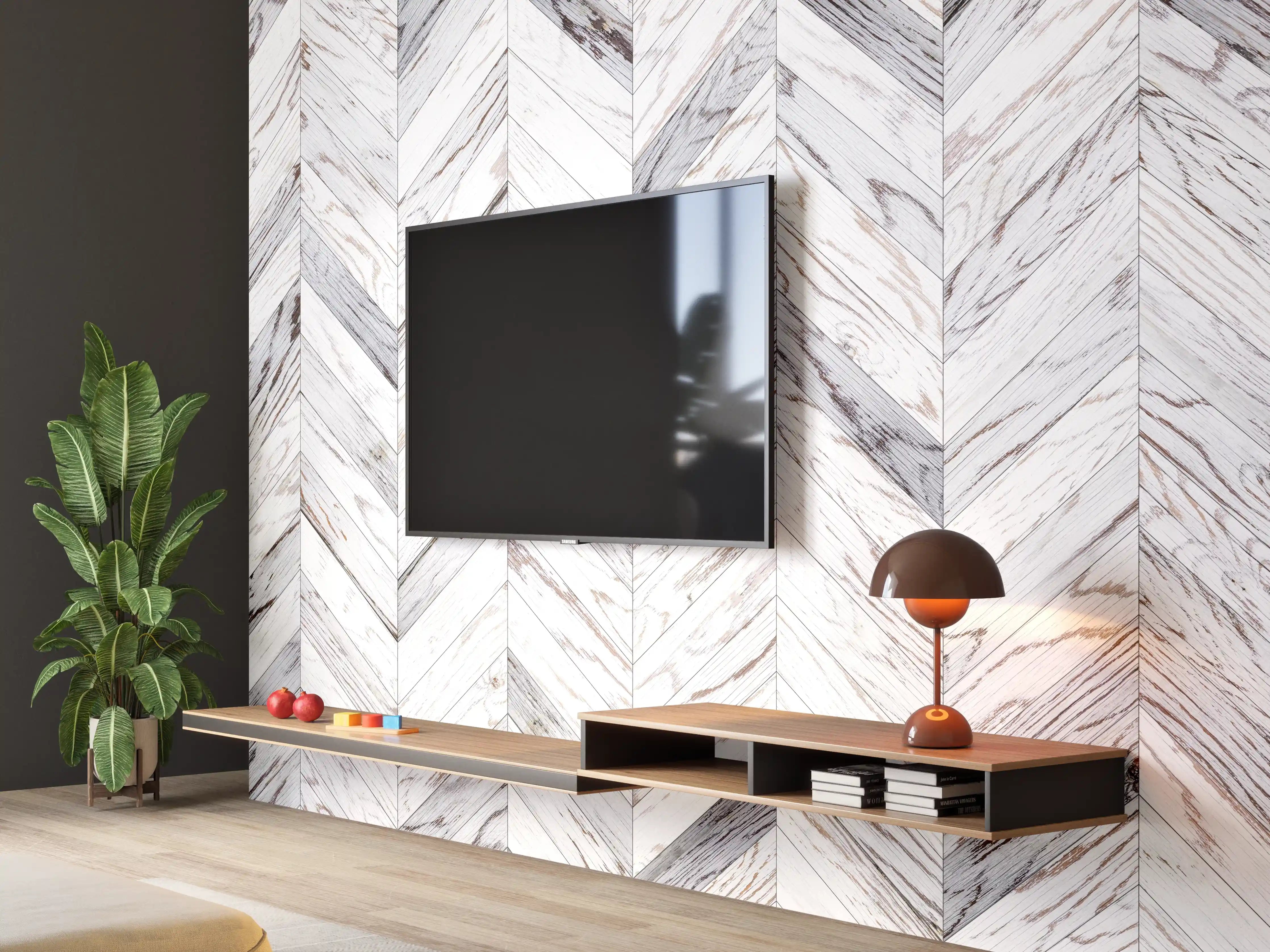 Wandverkleidung Wohnzimmer - Elegante Marmorfliesen im hölzernen Look