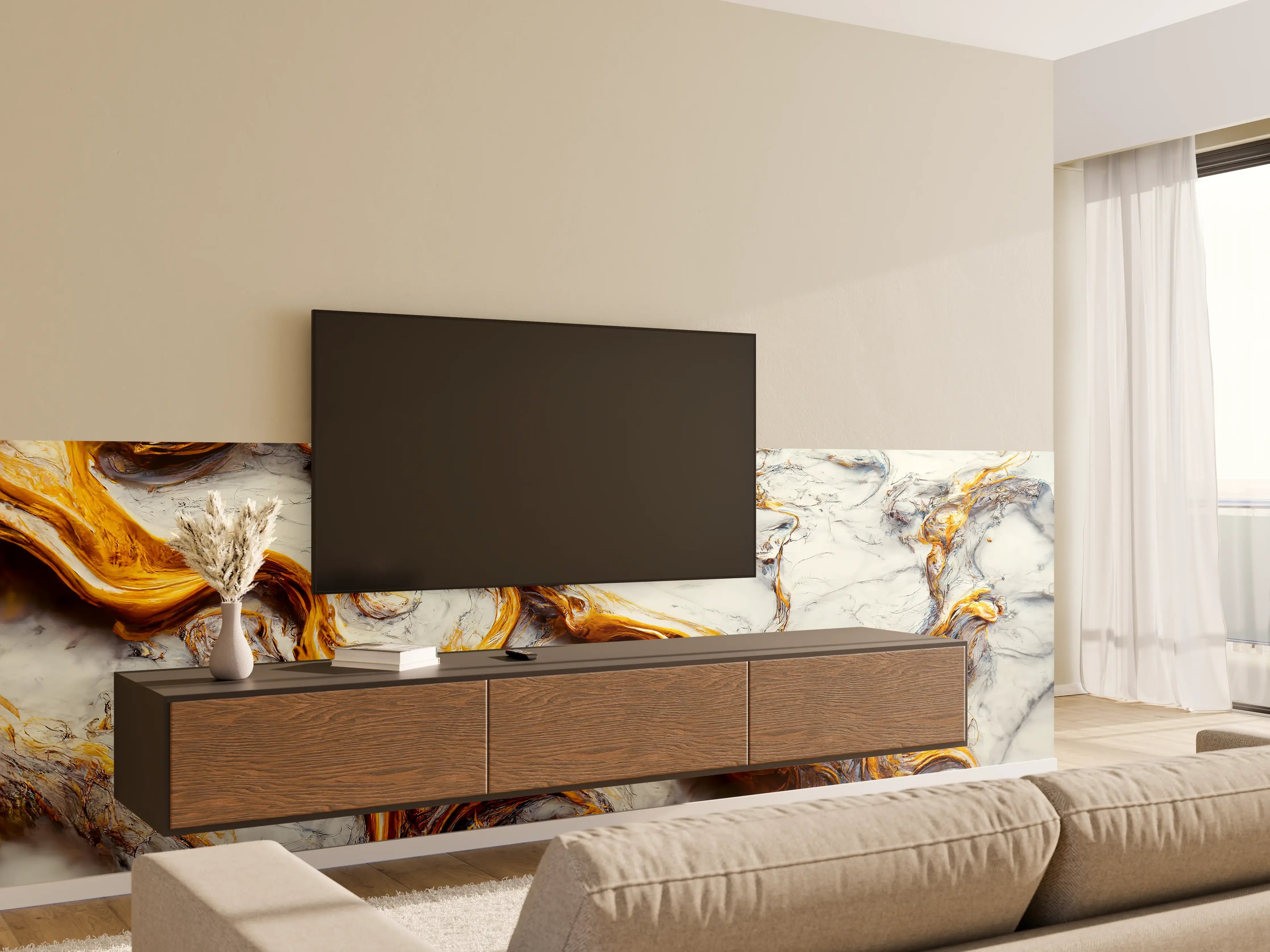 Wandverkleidung Wohnzimmer - Elegante Marmoroptik mit goldenen Akzenten