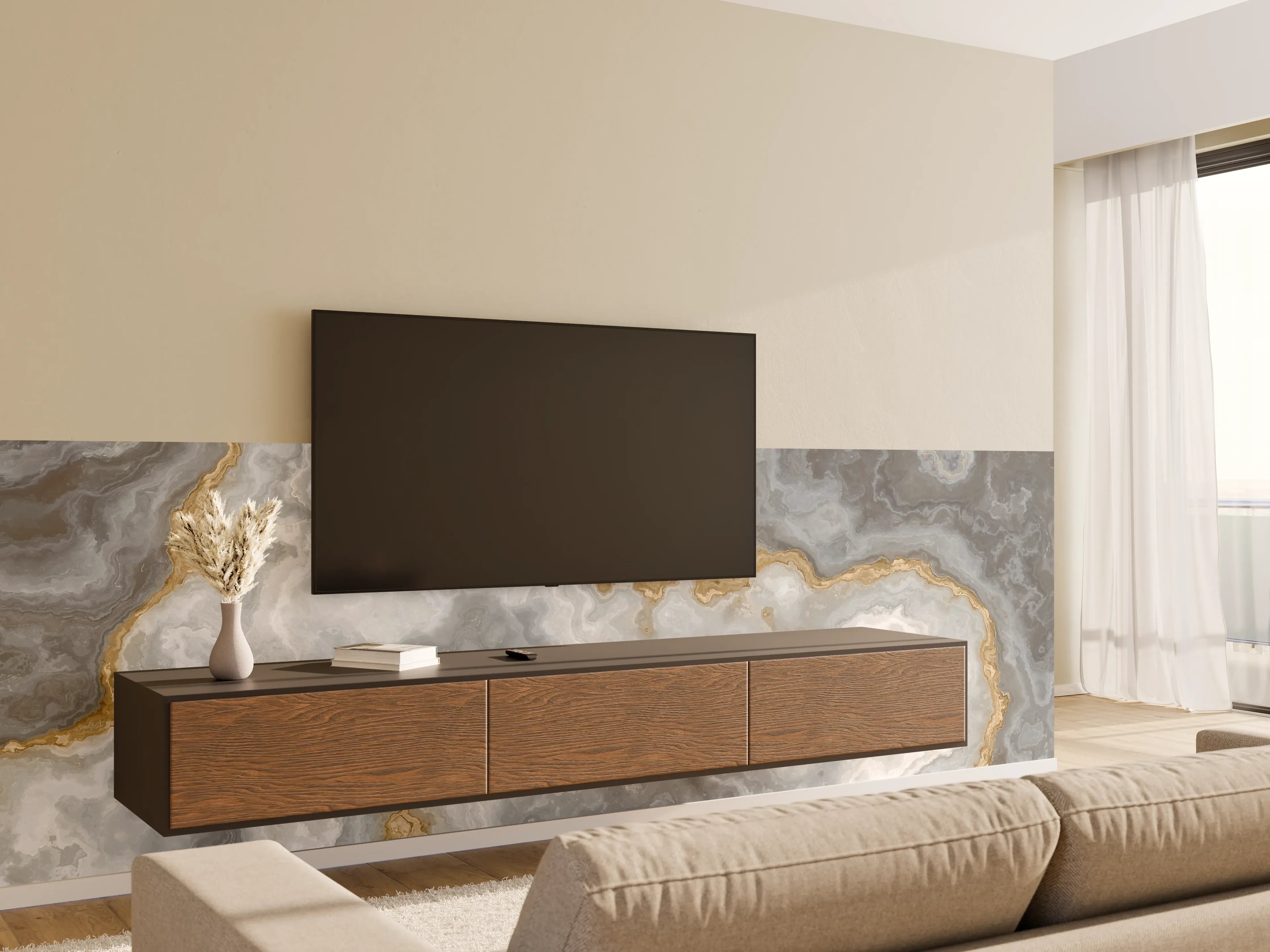 Wandverkleidung Wohnzimmer - Elegante Marmorstruktur in Grau und Gold
