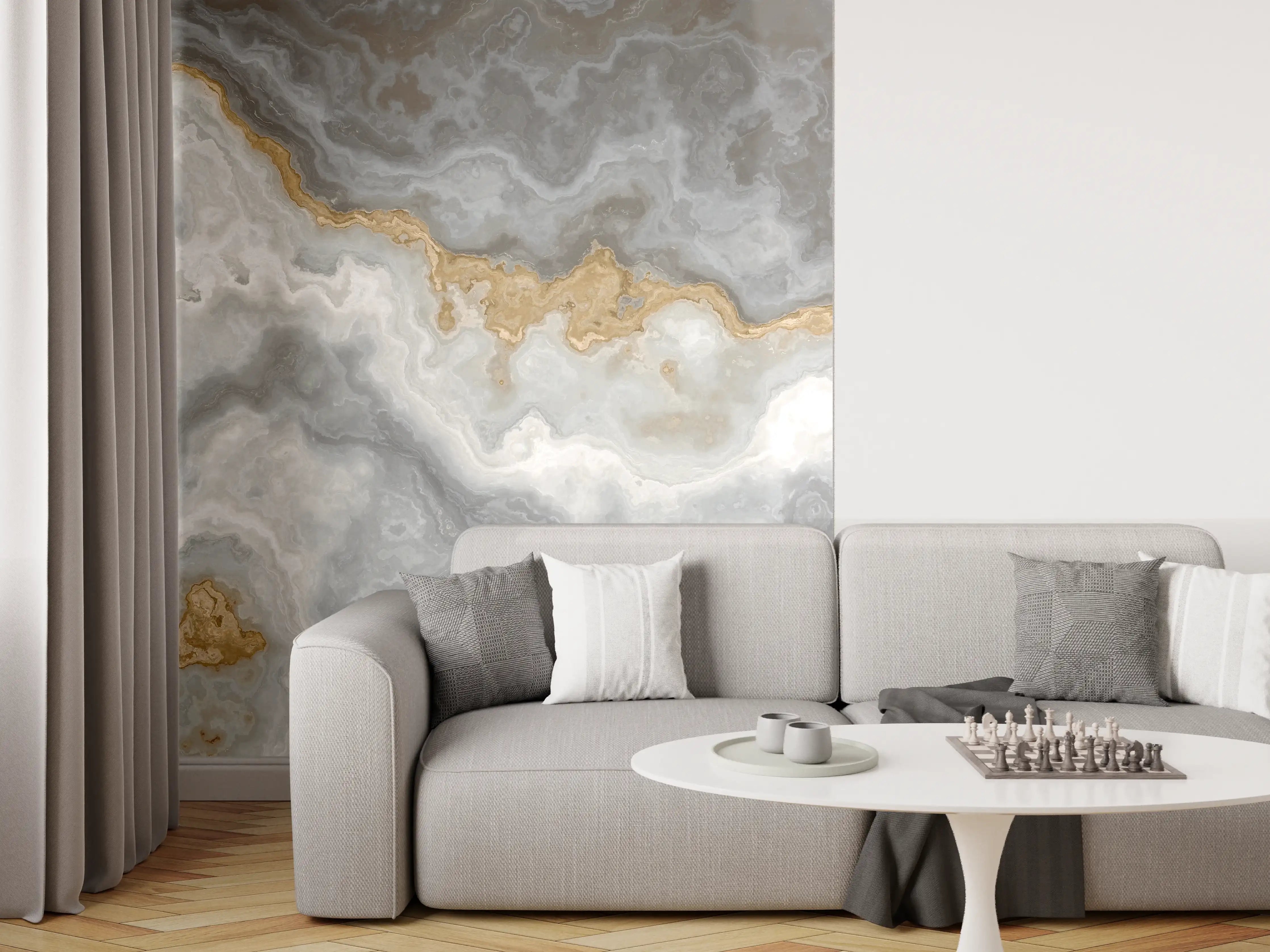 Wandverkleidung Wohnzimmer - Elegante Marmorstruktur in Grau und Gold