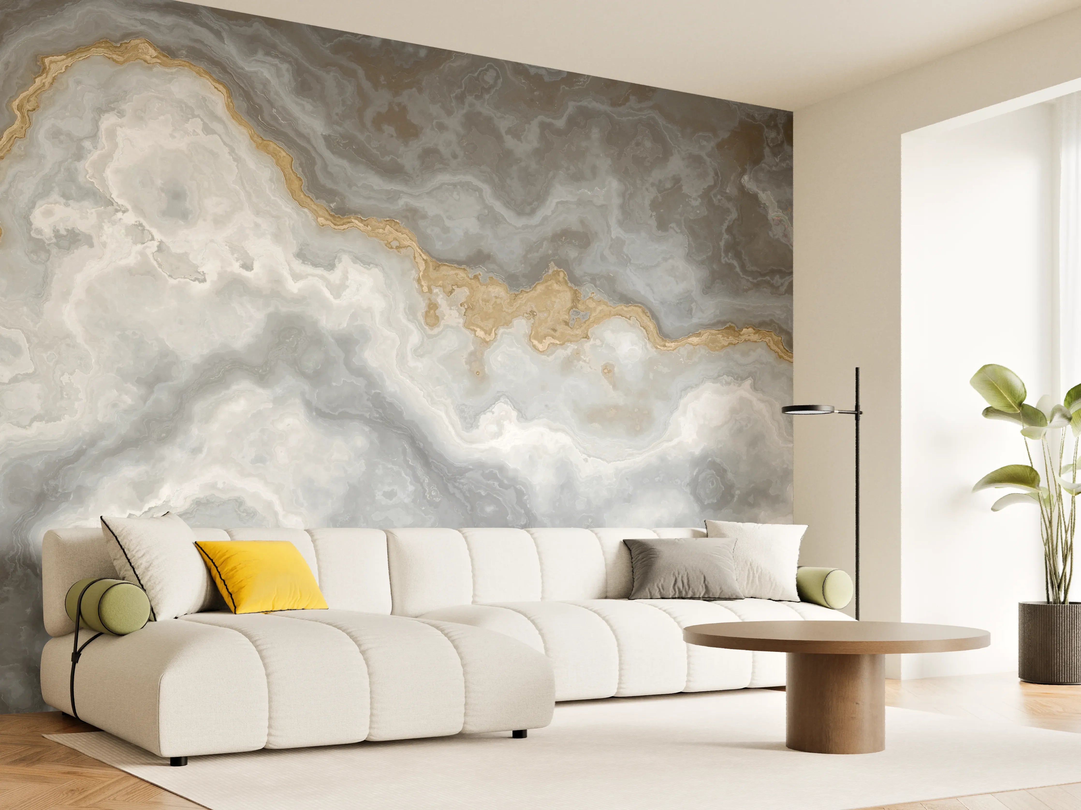 Wandverkleidung Wohnzimmer - Elegante Marmorstruktur in Grau und Gold